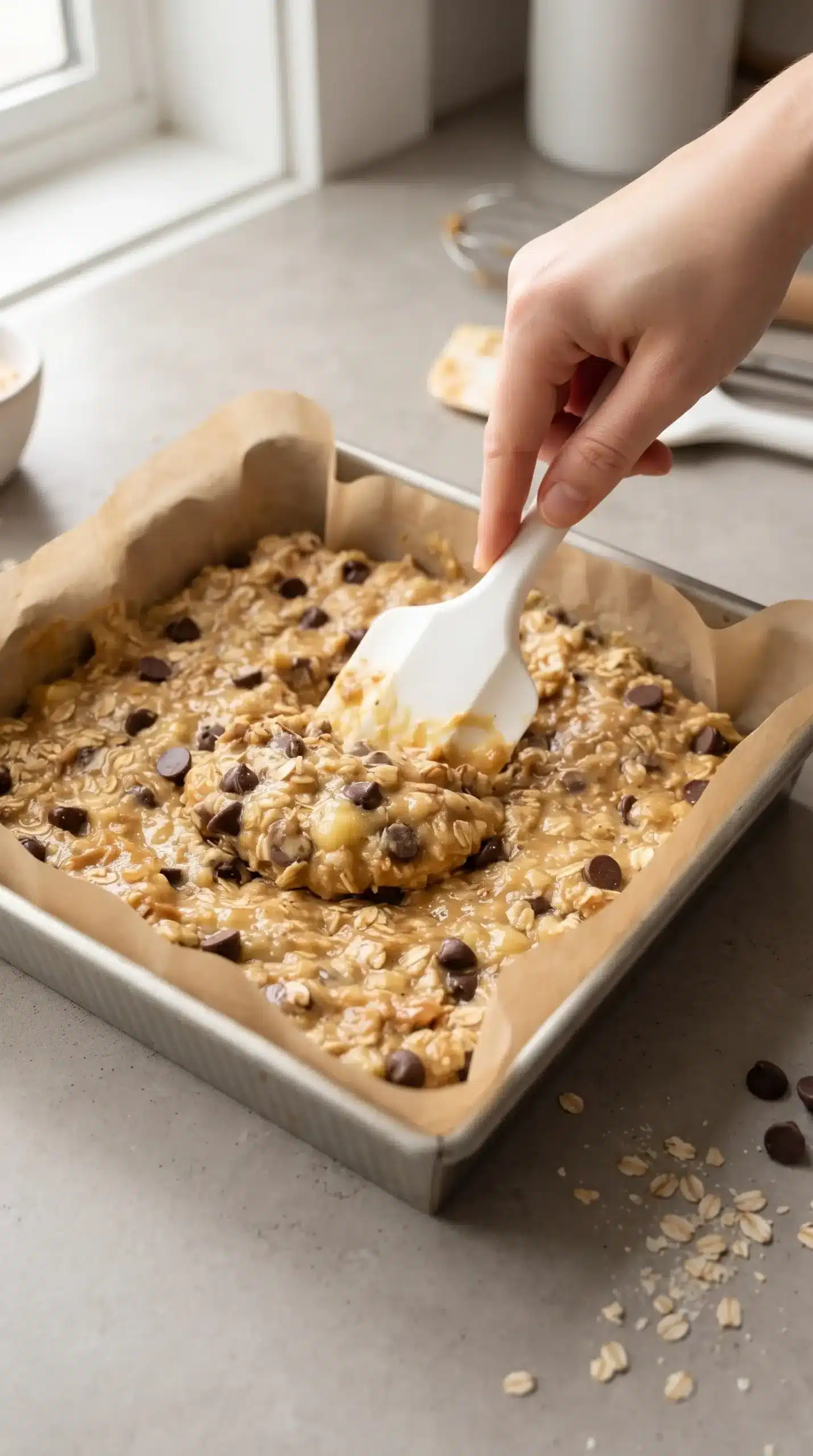 Banana bar mixture with oats and chocolate chips pressed evenly into a lined baking pan.