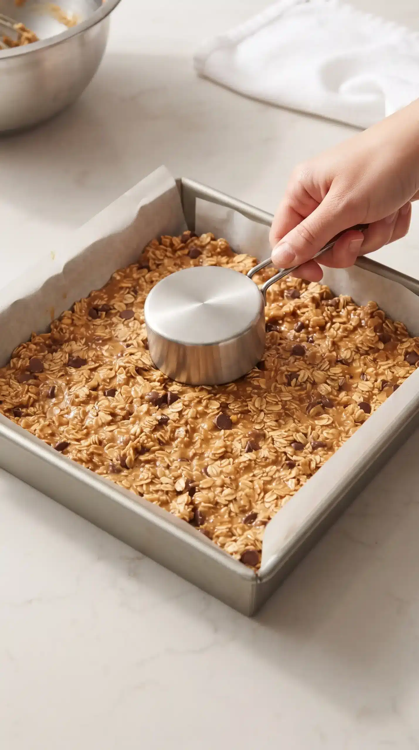 Oat mixture pressed into a lined baking pan for homemade peanut butter granola bars