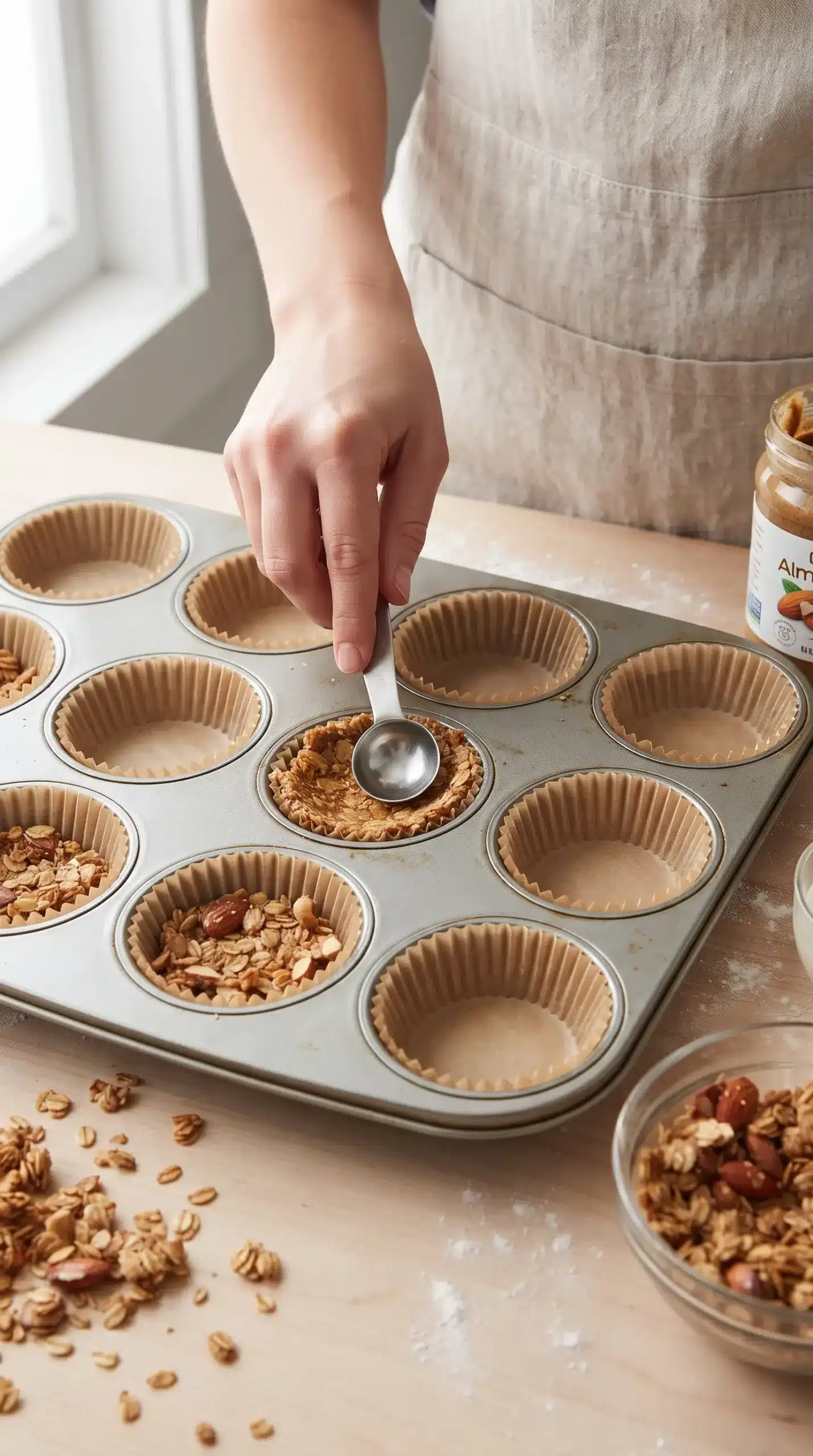 Oat granola mixture pressed into muffin liners to create frozen yogurt cup crusts