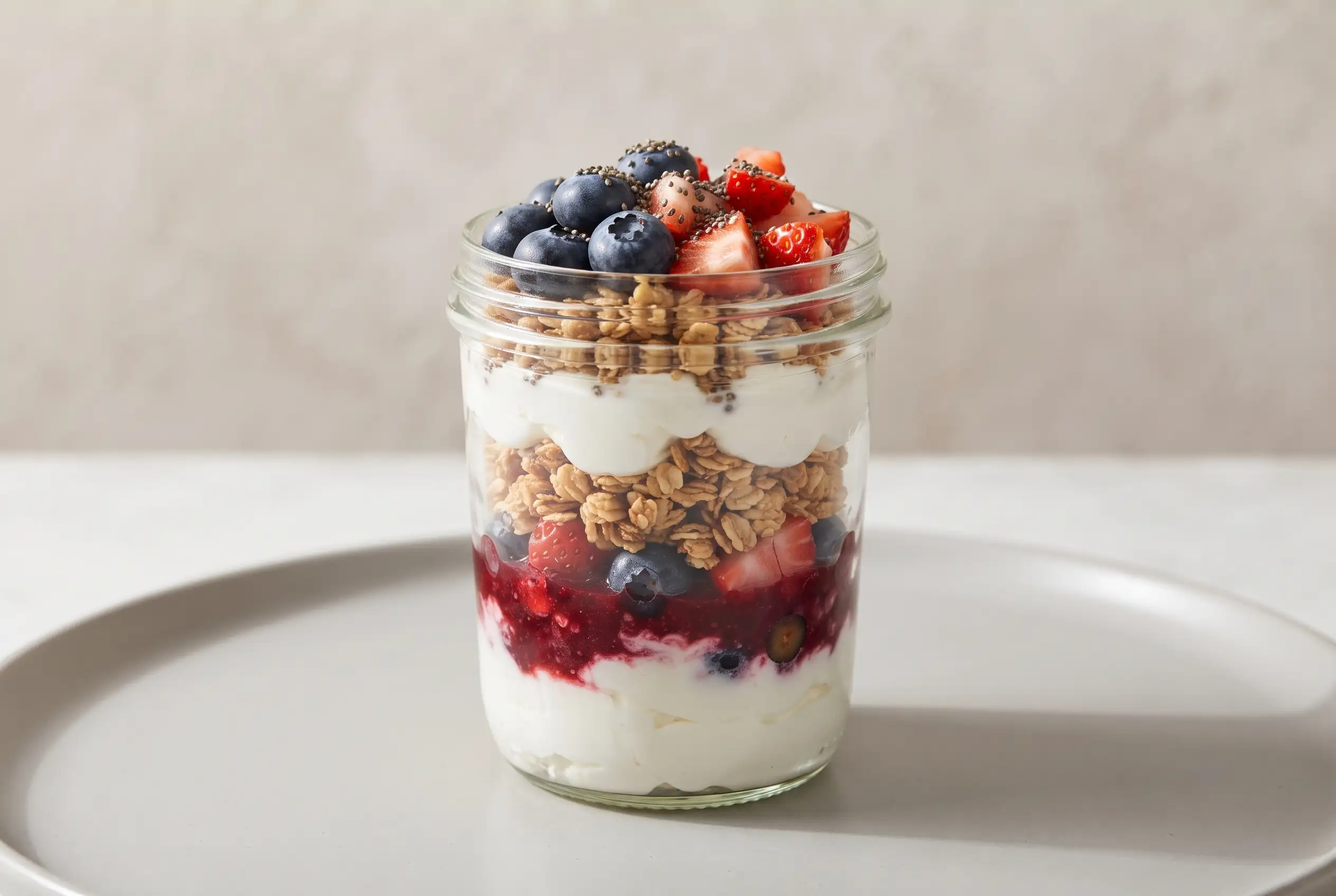 Protein yogurt parfait with Greek yogurt, mixed berries, and granola layered in a glass jar