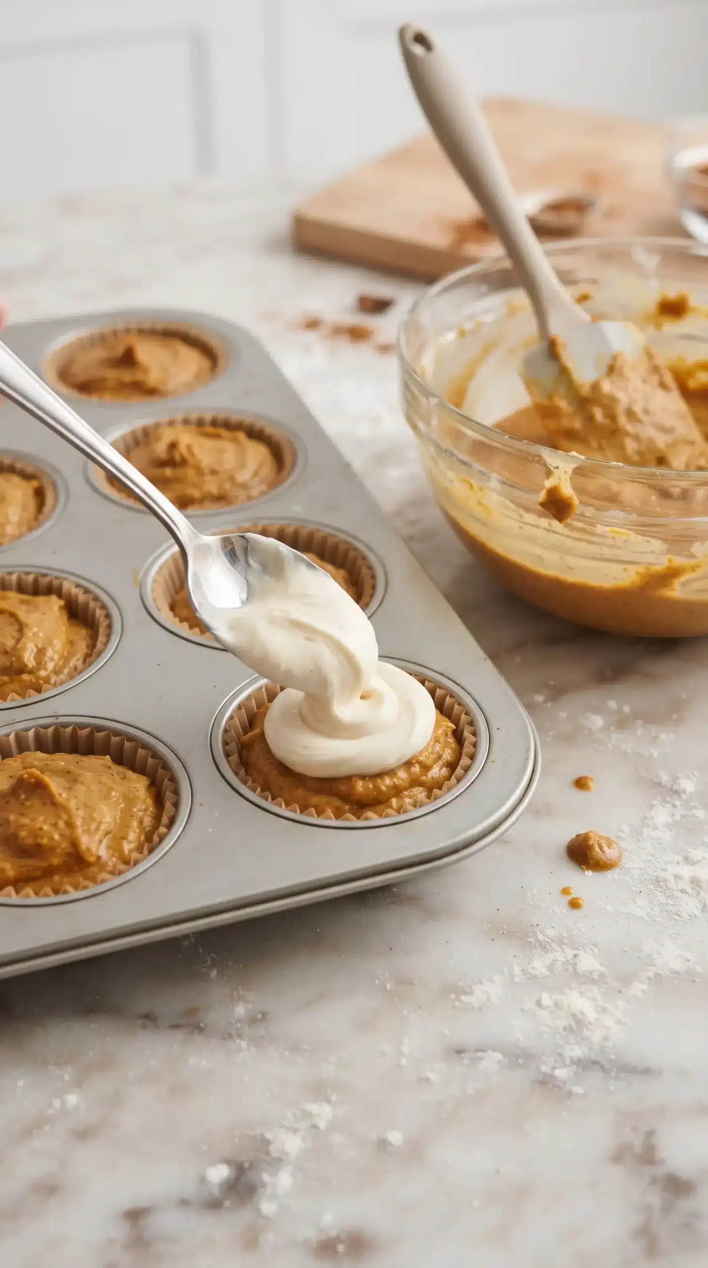 Pumpkin muffin batter in lined pan with cream cheese mixture added before baking