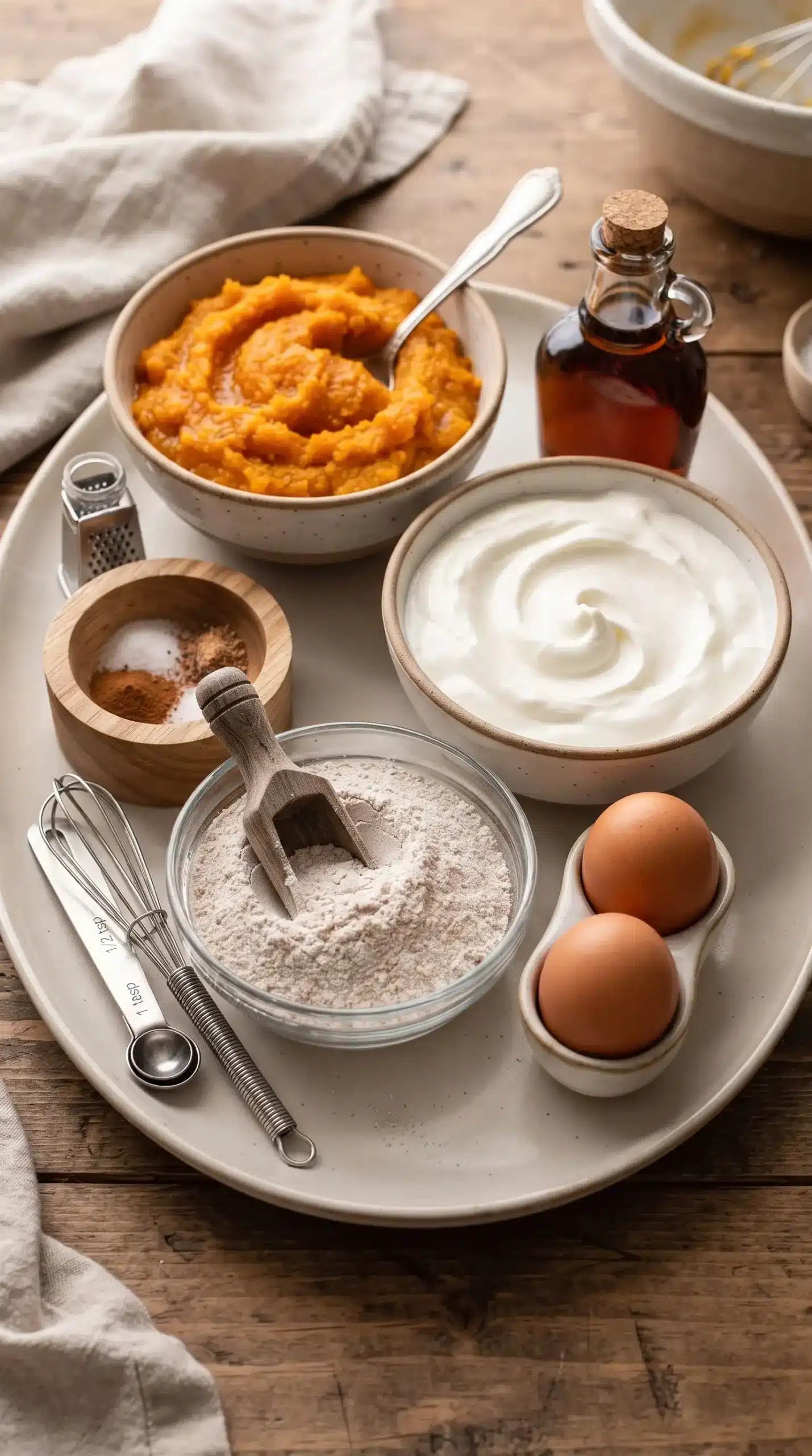 Pumpkin puree, Greek yogurt, whole wheat flour, spices, eggs, and sweetener for muffin preparation