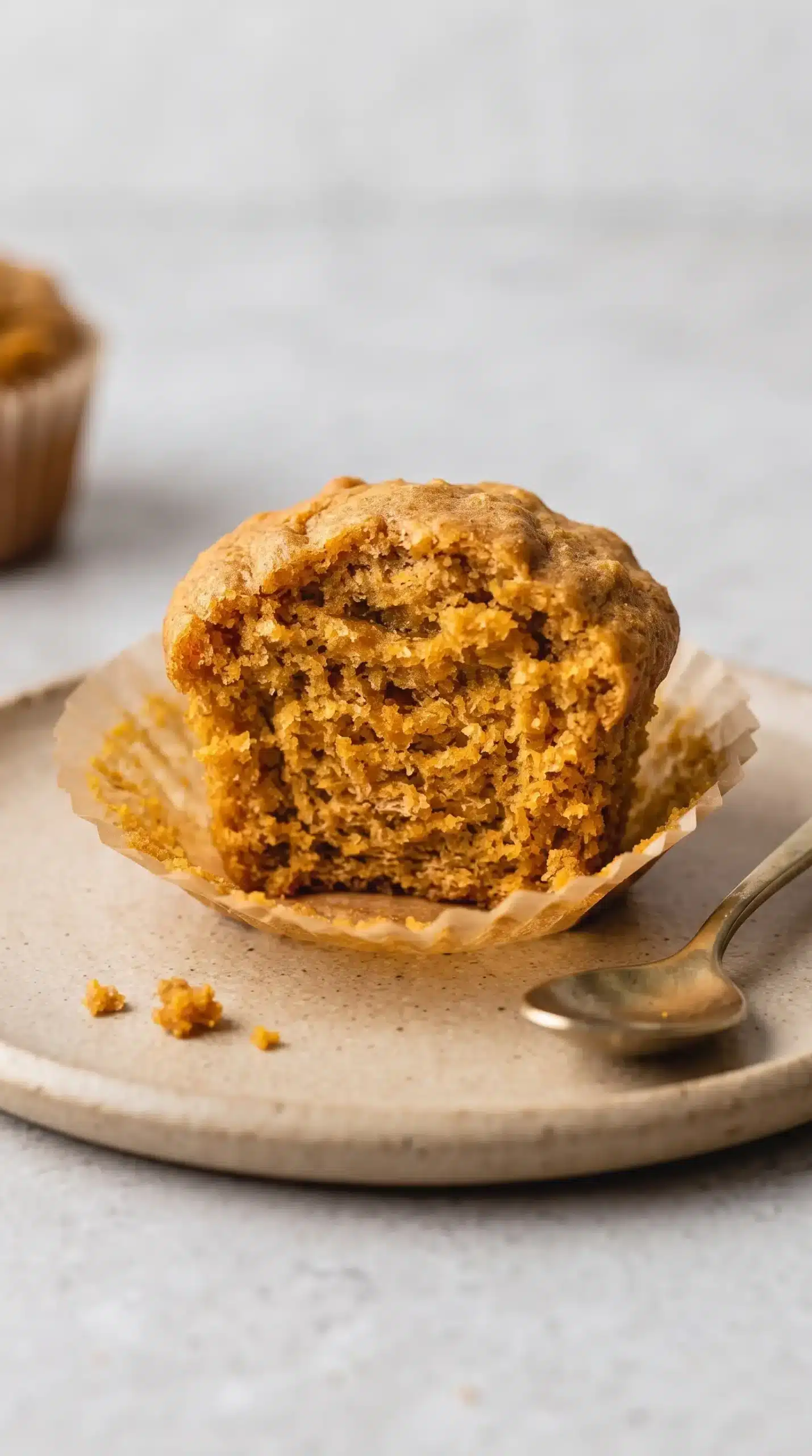 Cut Greek yogurt pumpkin muffin showing a soft moist crumb and golden baked exterior