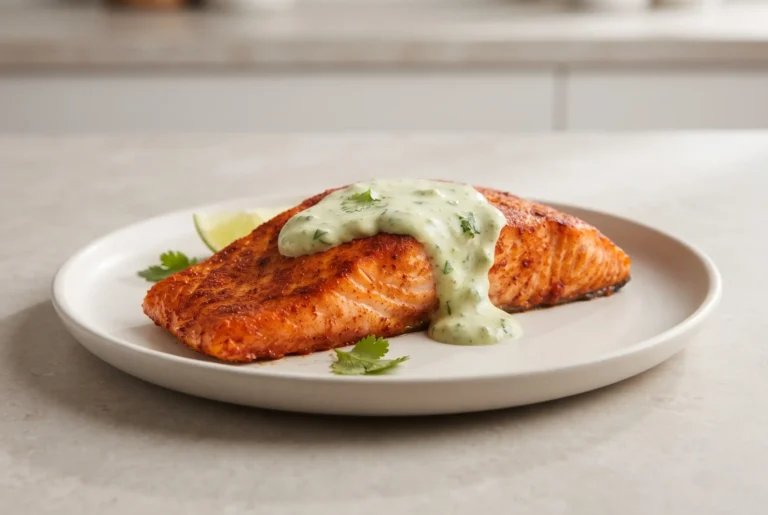 Baked cajun salmon fillet topped with creamy avocado lime sauce on a plate