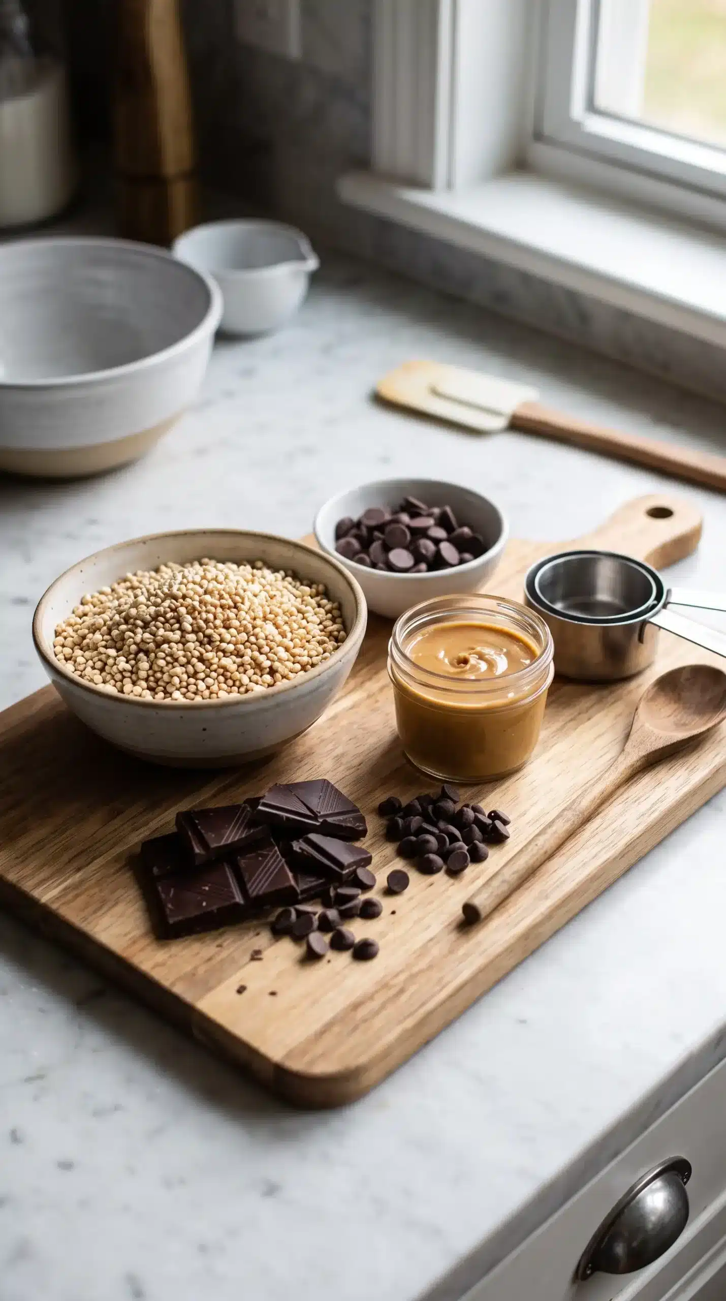 Puffed quinoa, dark chocolate, dairy-free chocolate, and peanut butter ingredients