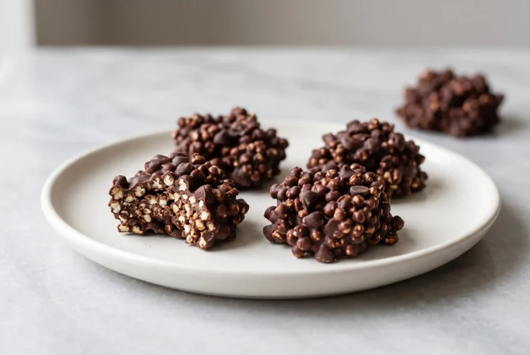 Quinoa chocolate crisps with puffed quinoa clusters coated in dark chocolate on a plate