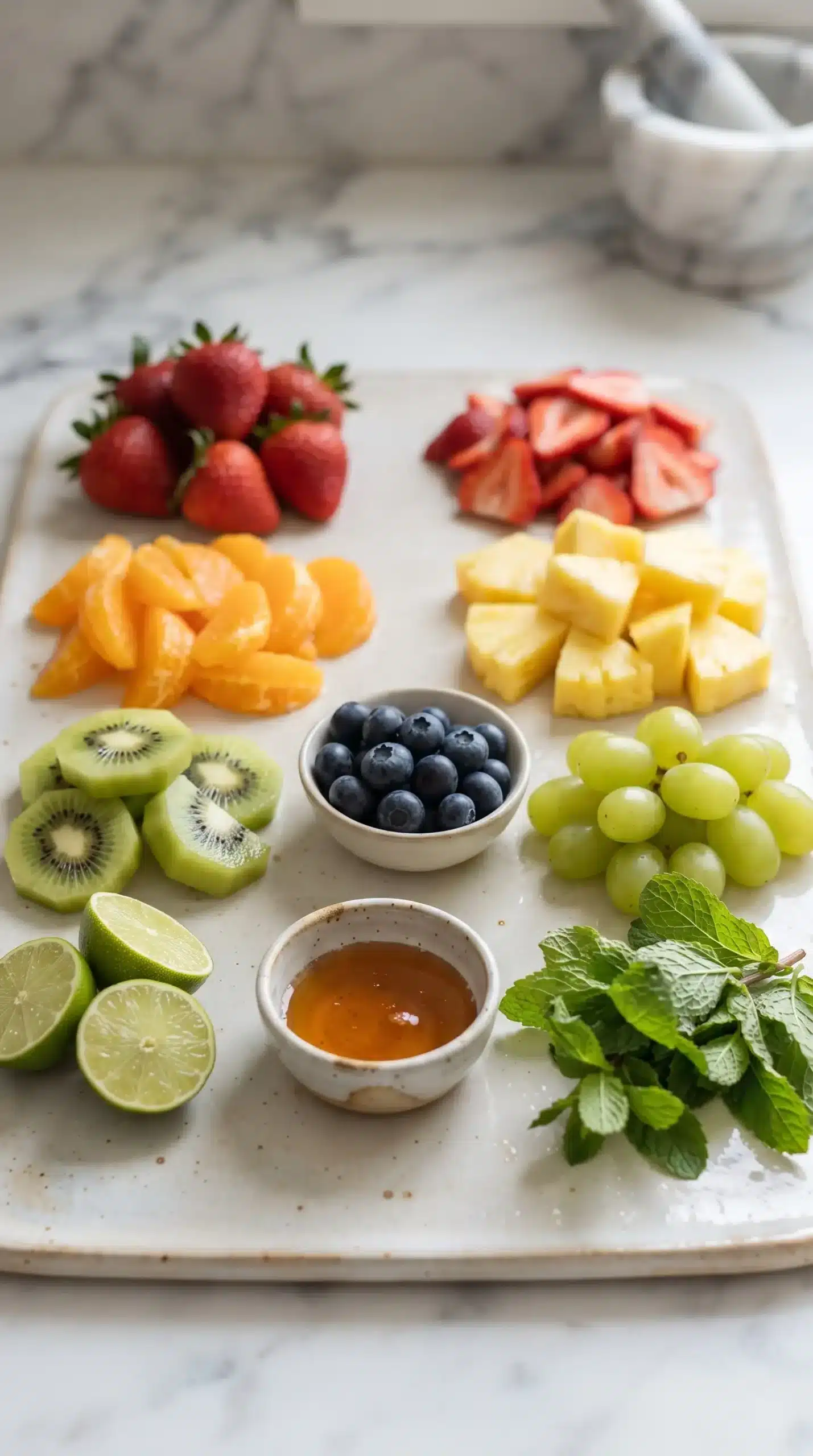 Fresh fruit ingredients for rainbow fruit salad with strawberries, kiwi, pineapple, oranges, grapes, and lime