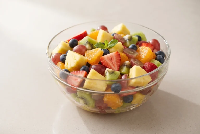 Rainbow fruit salad with pineapple, strawberries, kiwi, blueberries, oranges, and grapes in a glass bowl