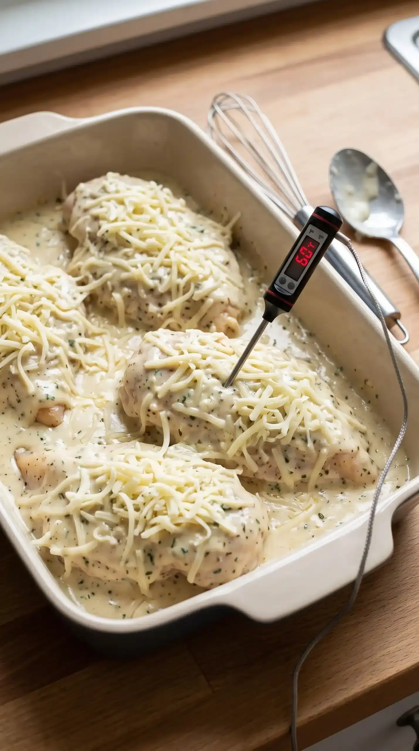 Chicken breasts covered with ranch cream sauce and shredded cheese in a baking dish