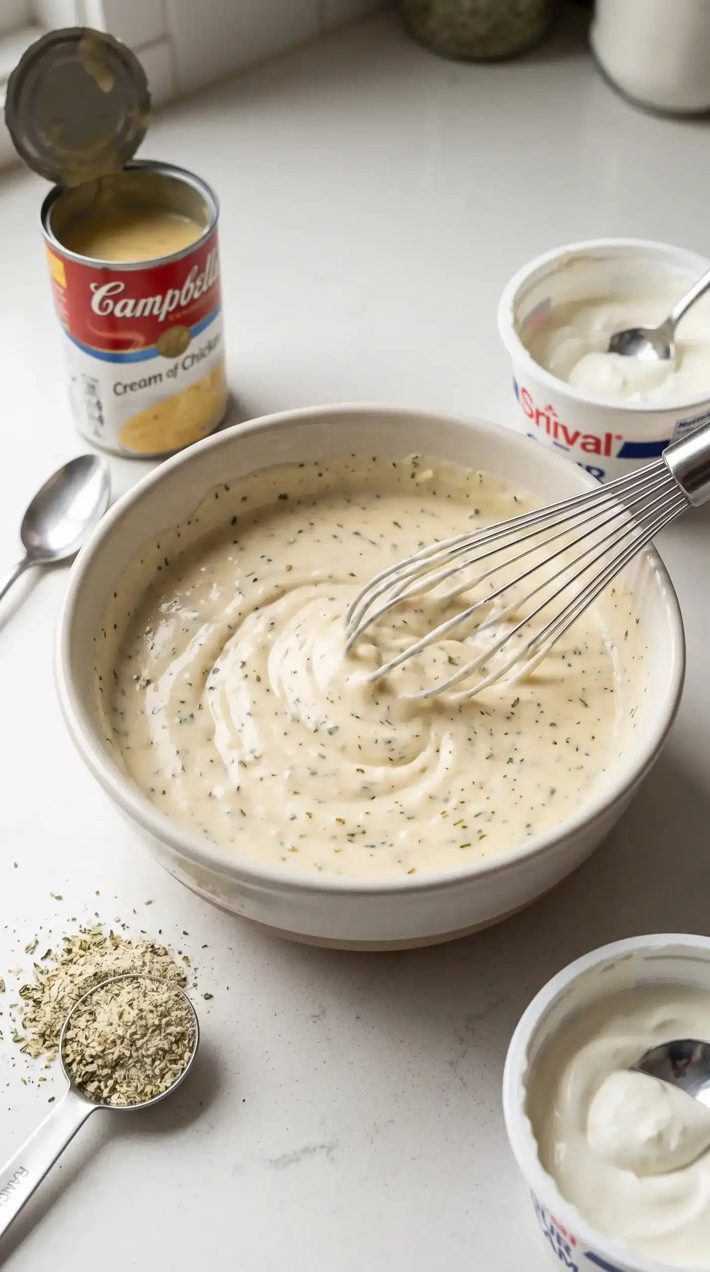 Ranch sauce mixture with sour cream, seasoning, and cream of chicken soup in a bowl