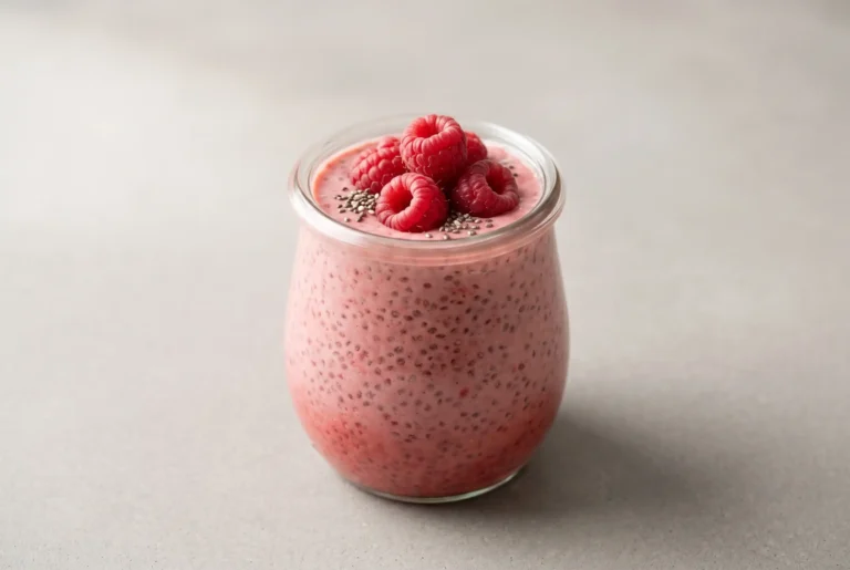 Raspberry chia pudding in a glass jar with fresh raspberries on top
