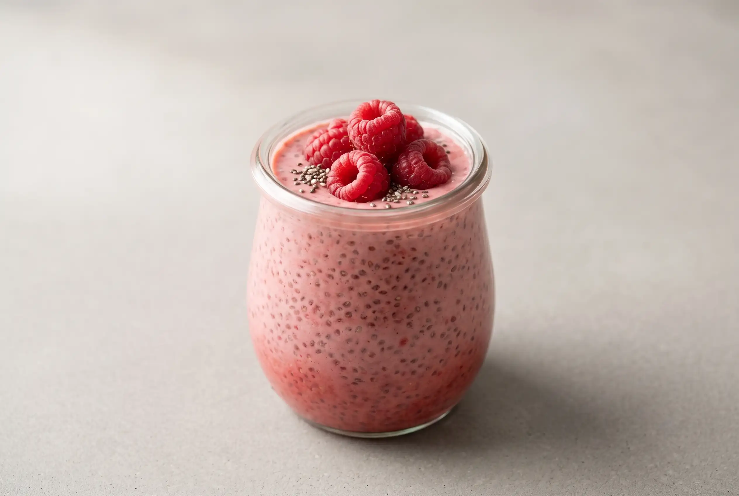 Raspberry chia pudding in a glass jar with fresh raspberries on top