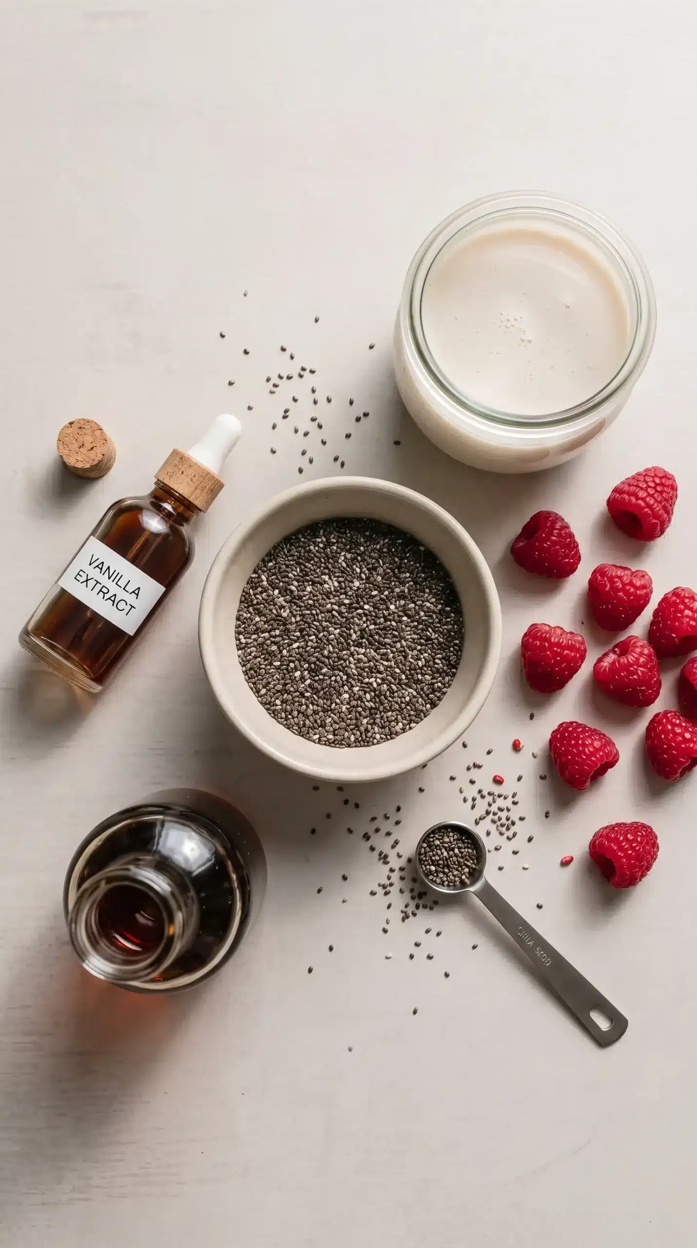 Ingredients for raspberry chia pudding with raspberries, chia seeds, milk, vanilla, and maple syrup