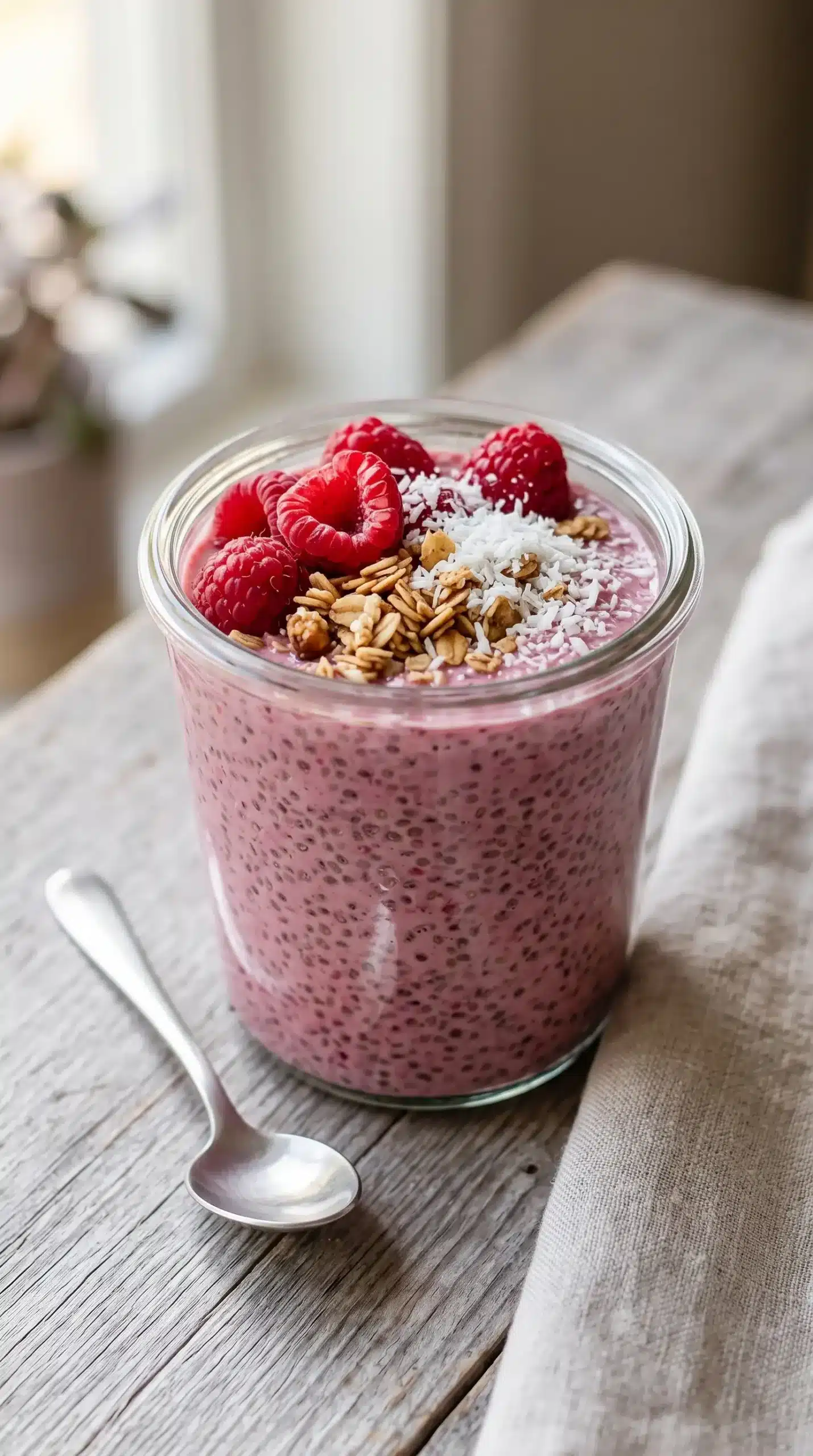 Finished raspberry chia pudding topped with raspberries, granola, and coconut flakes