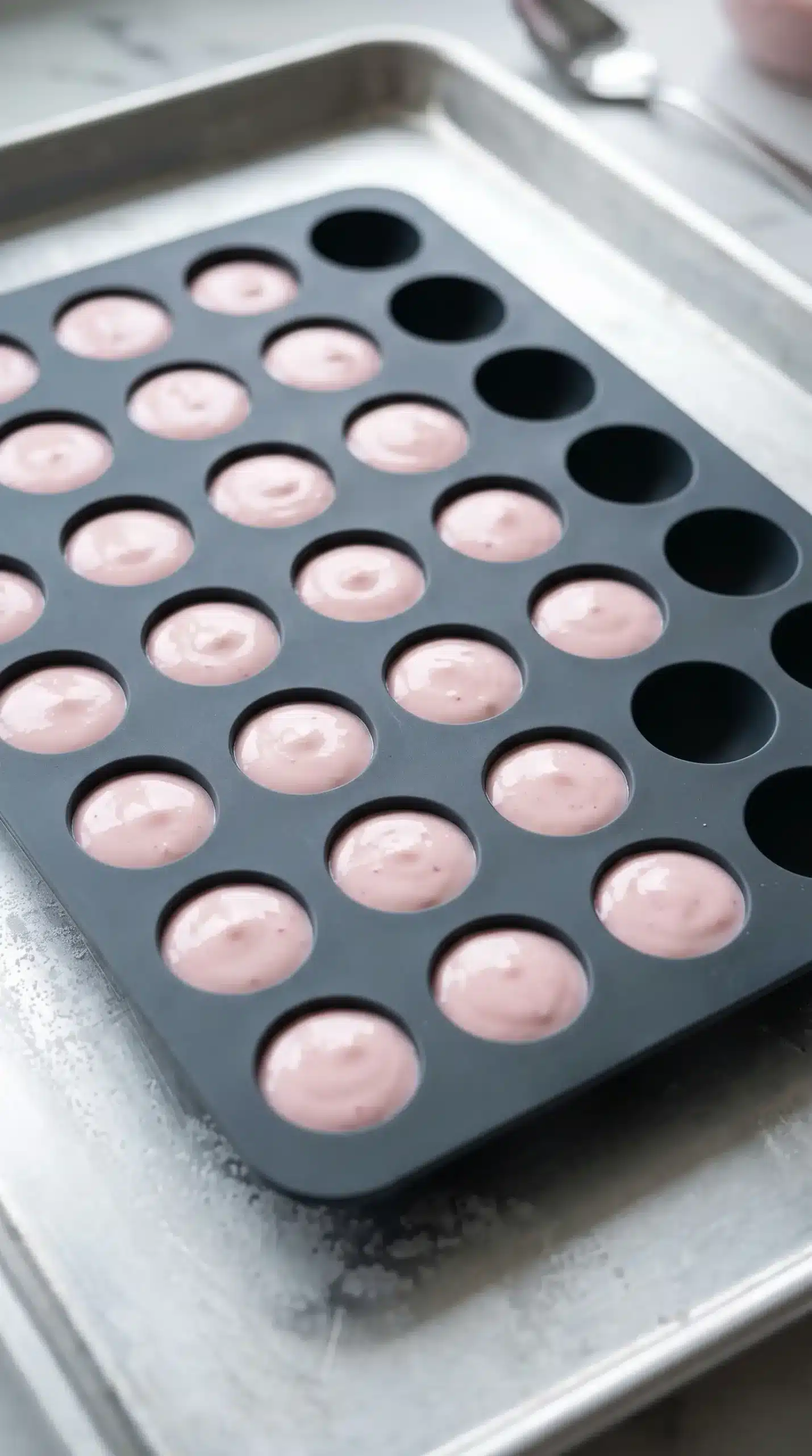 Silicone mold filled with raspberry yogurt mixture ready for freezing