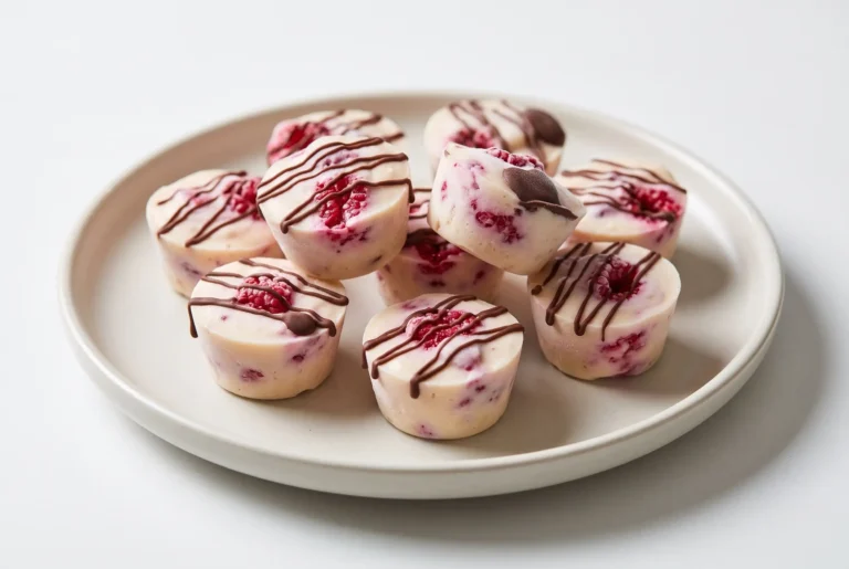Raspberry yogurt bites with chocolate topping served as a frozen snack on a ceramic plate