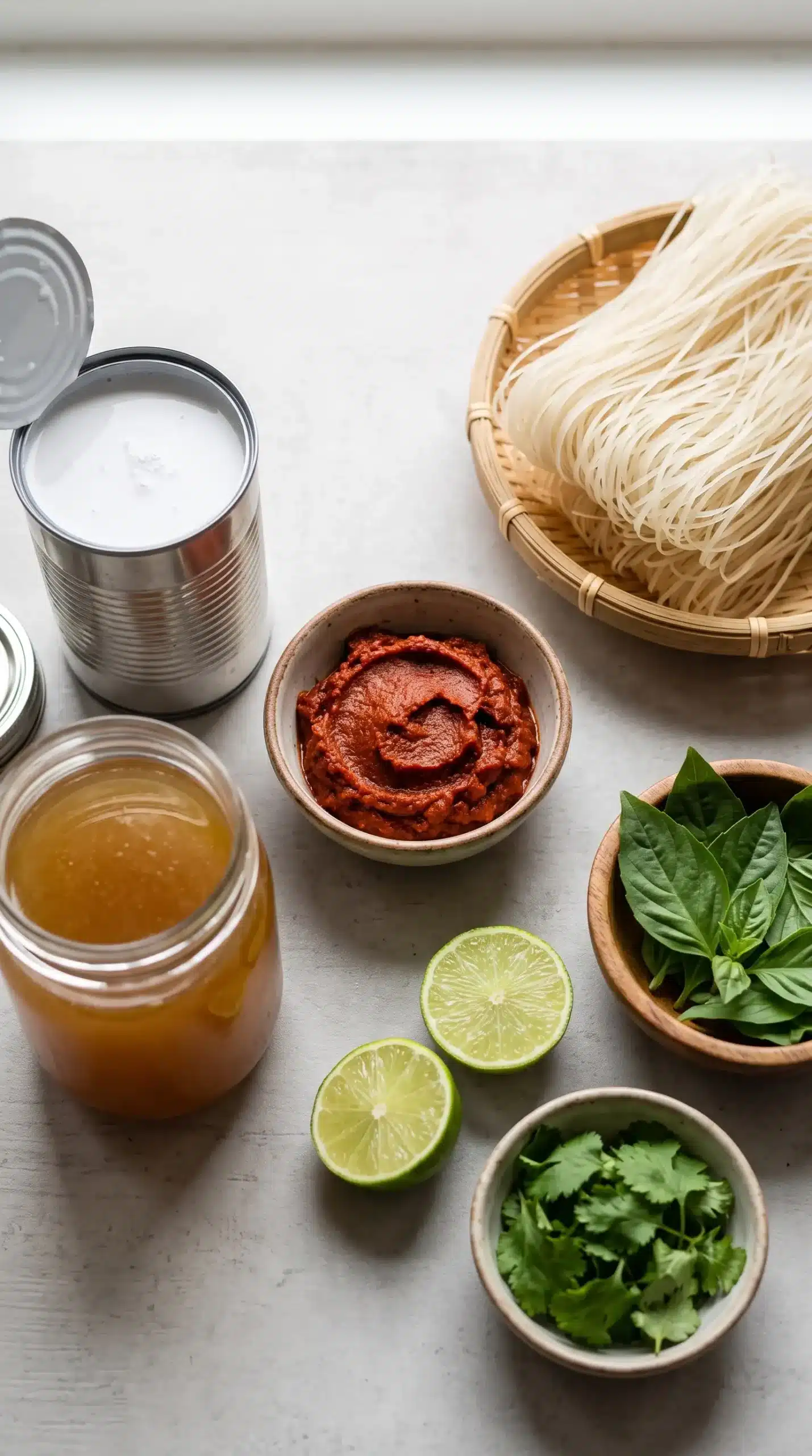 Ingredients for red curry noodle soup with curry paste, coconut milk, rice noodles, herbs, and lime