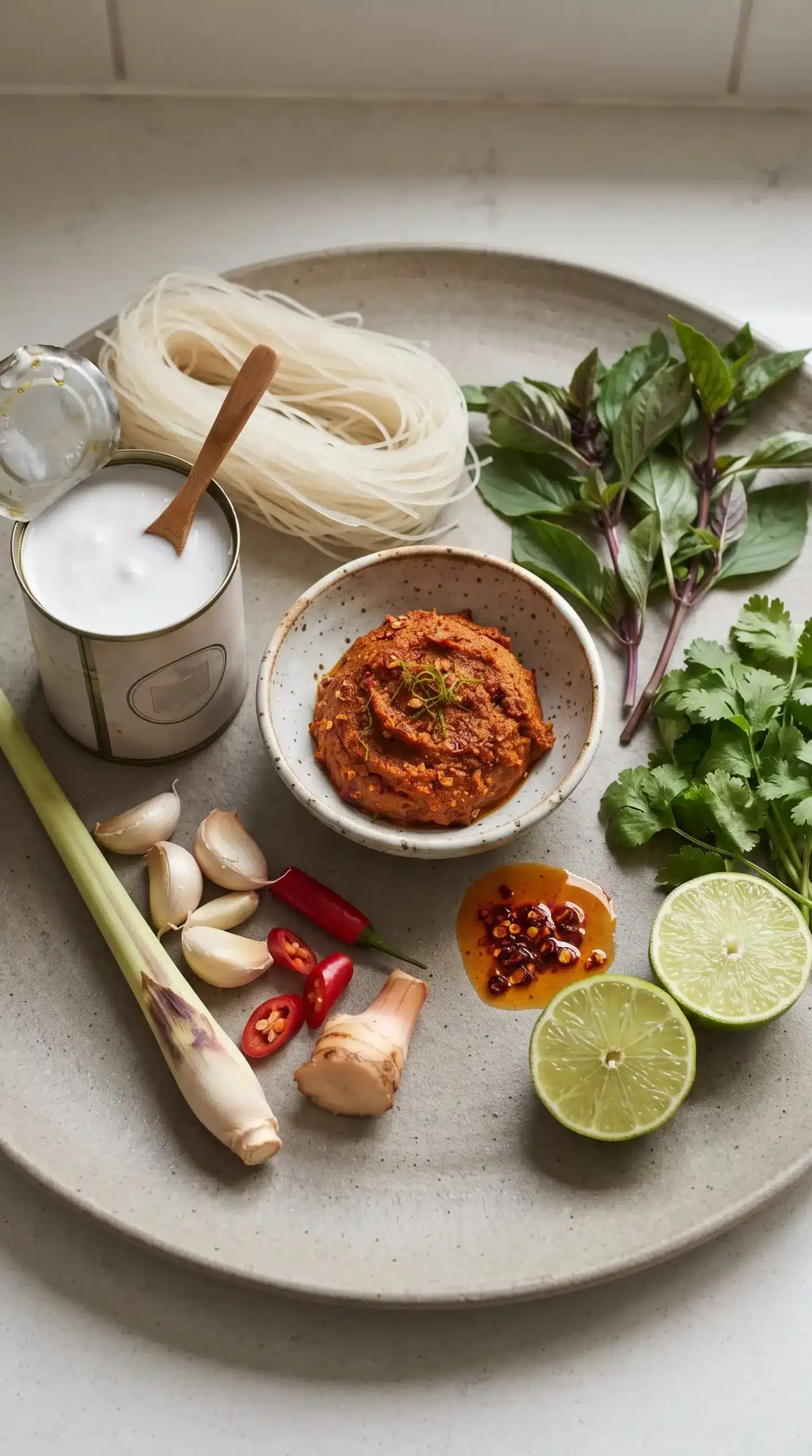 Thai red curry paste, coconut milk, rice noodles, lime, herbs, and aromatics