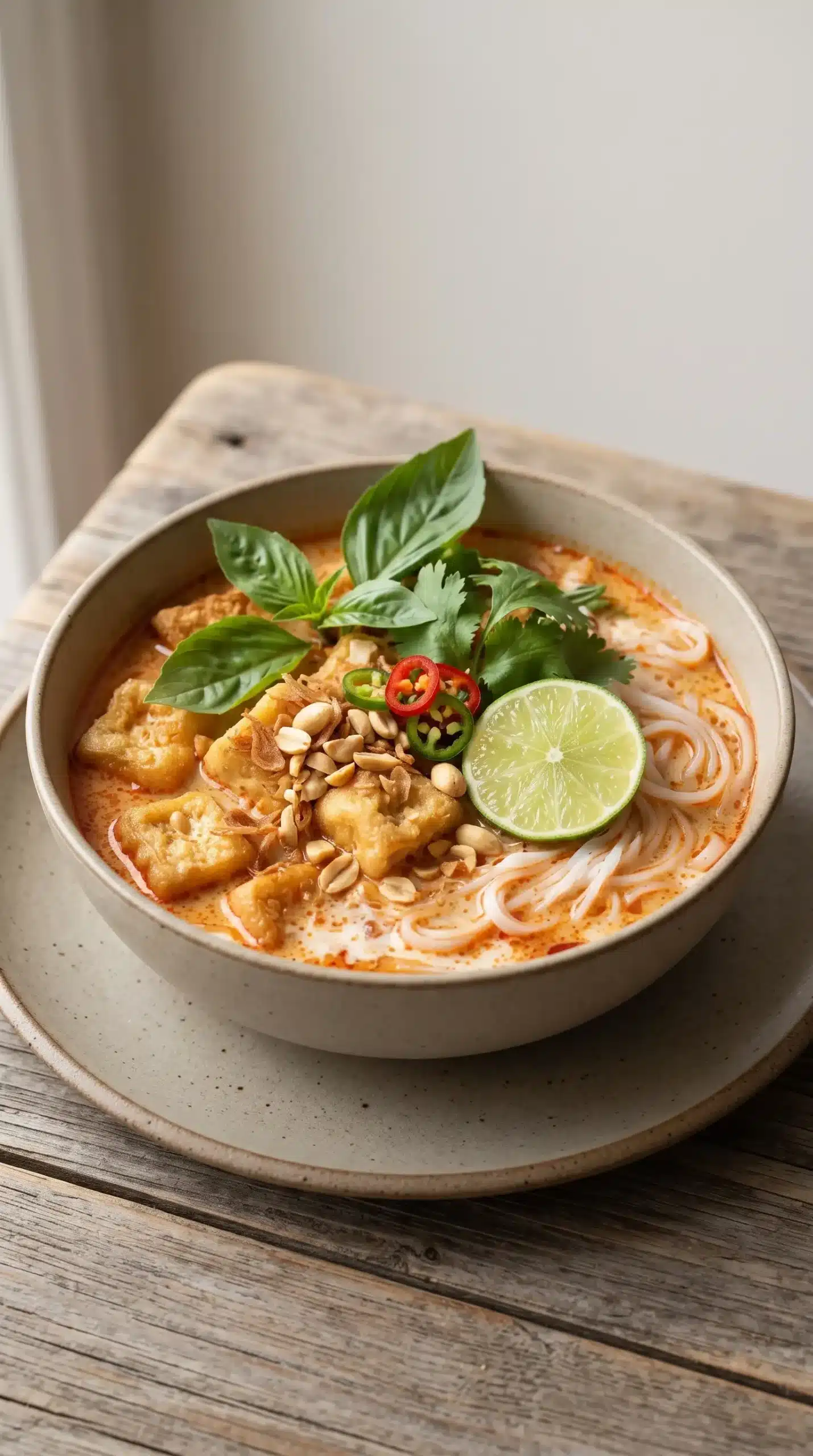 Finished red curry noodle soup topped with lime, herbs, chili, and crunchy garnish