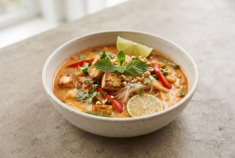Red curry noodle soup with coconut milk, rice noodles, vegetables, lime, and fresh herbs