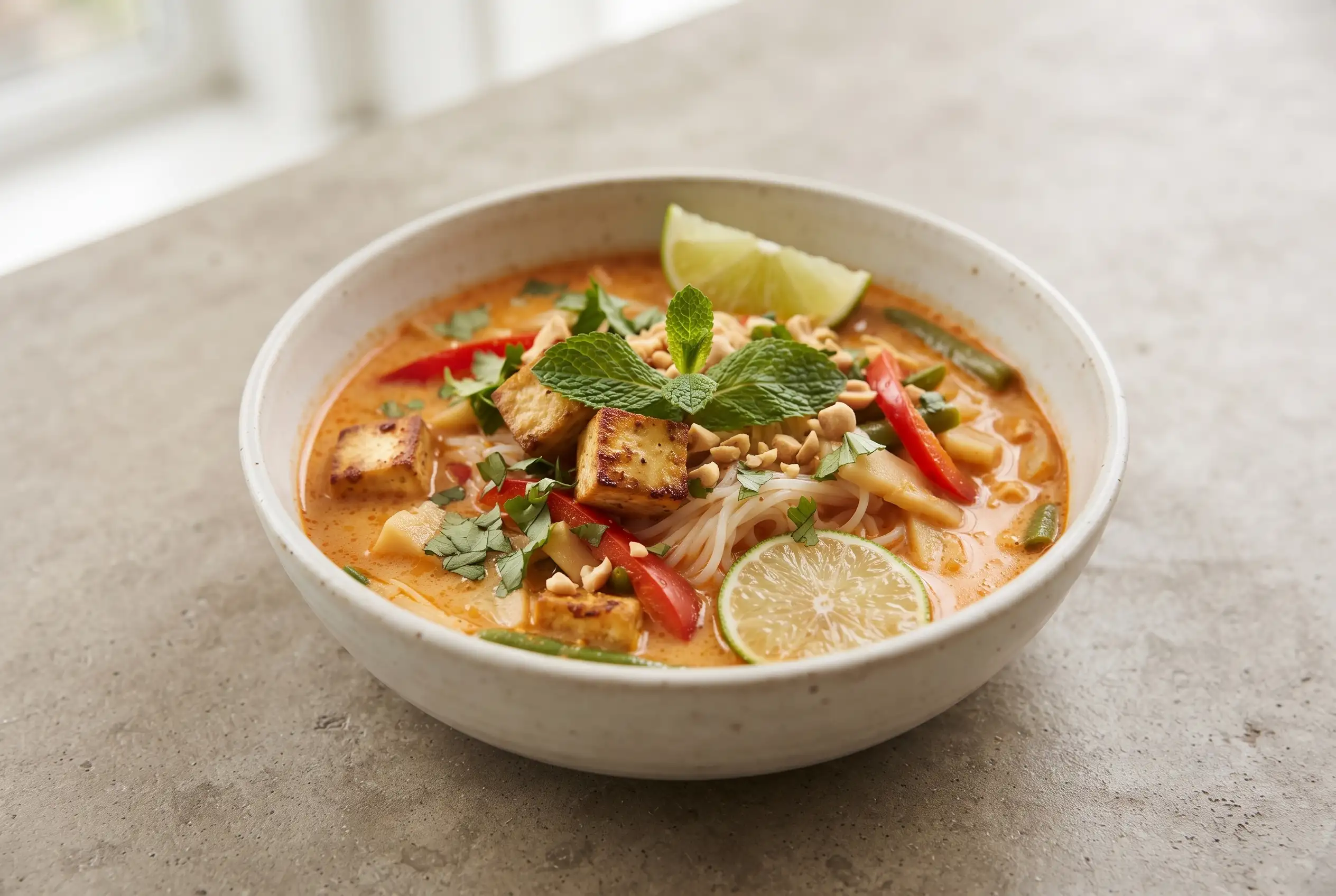 Red curry noodle soup with coconut milk, rice noodles, vegetables, lime, and fresh herbs