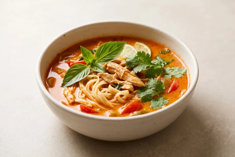 Red curry noodle soup with creamy coconut broth, rice noodles, basil, cilantro, and lime garnish
