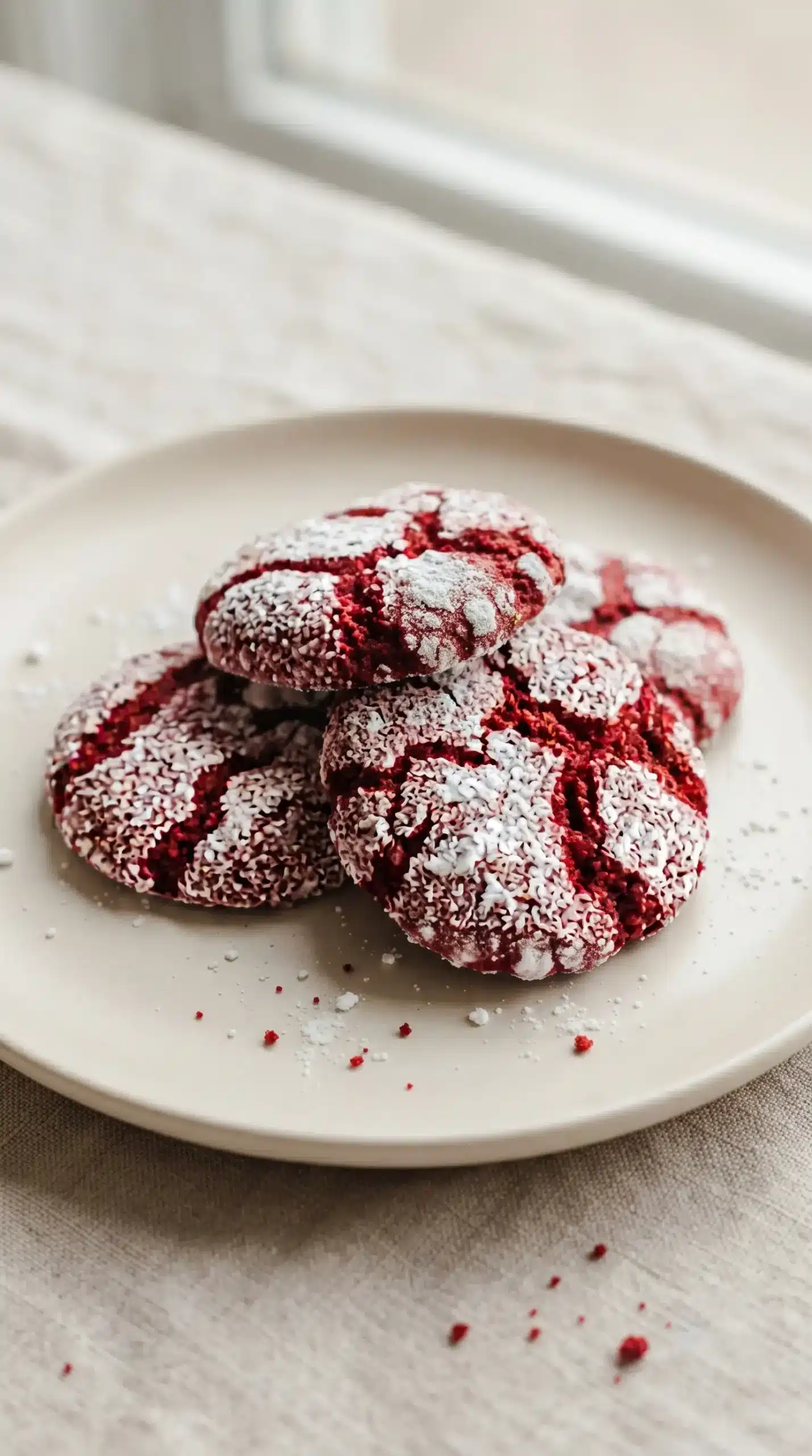 Close-up of red velvet crinkle cookies with cracked powdered sugar coating
