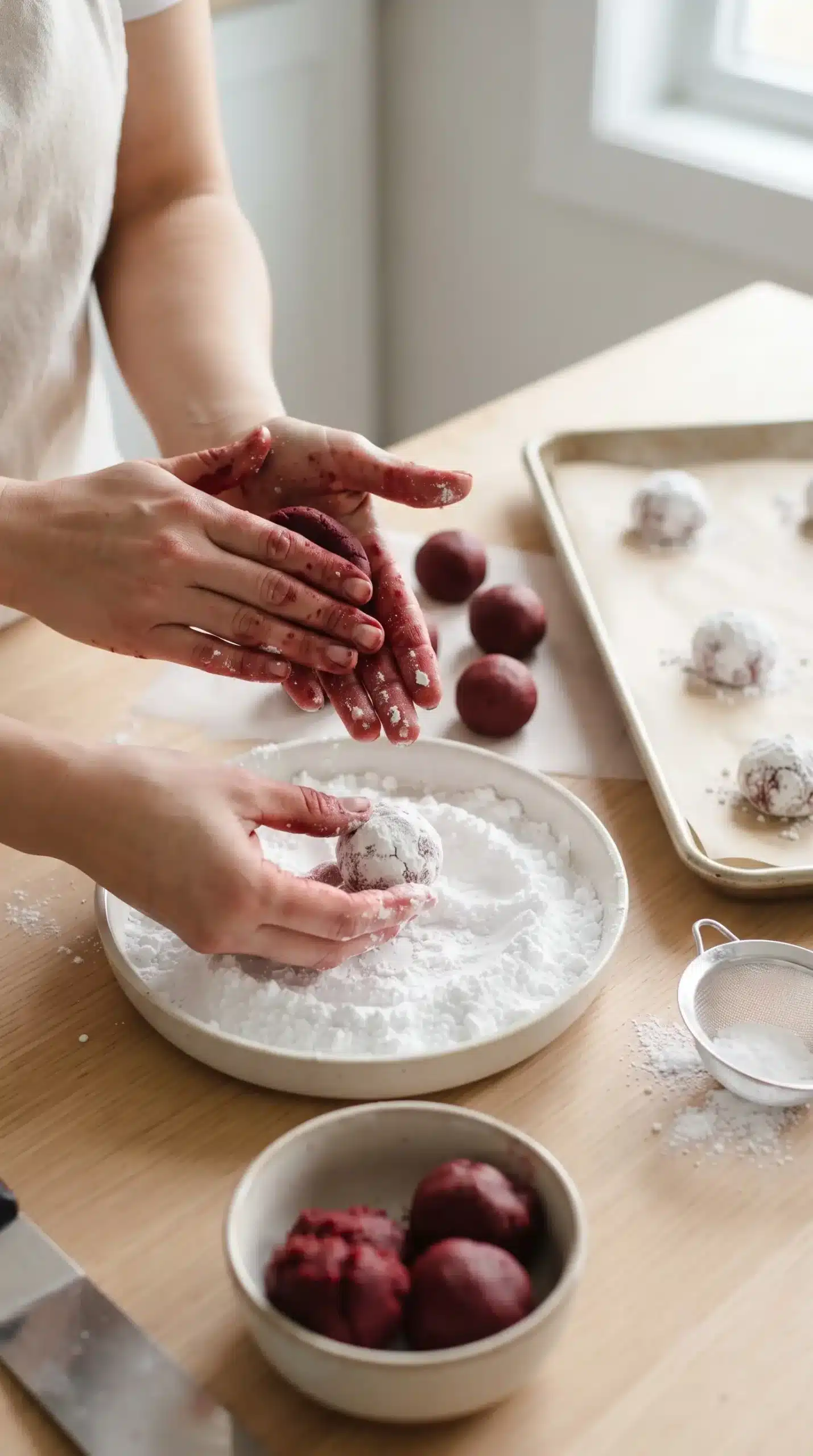 Chilled red velvet cookie dough balls coated in powdered sugar before baking