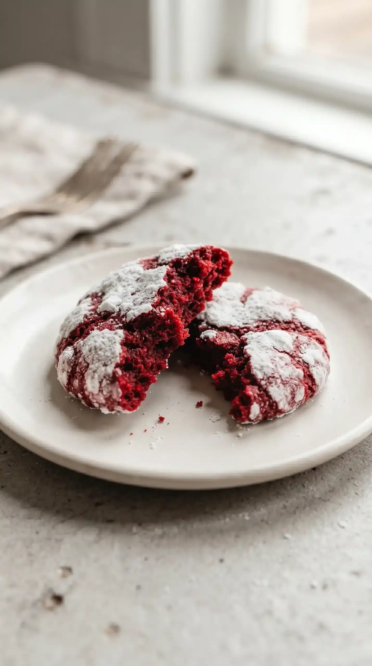 Broken red velvet crinkle cookie showing a soft red interior and sugar crust
