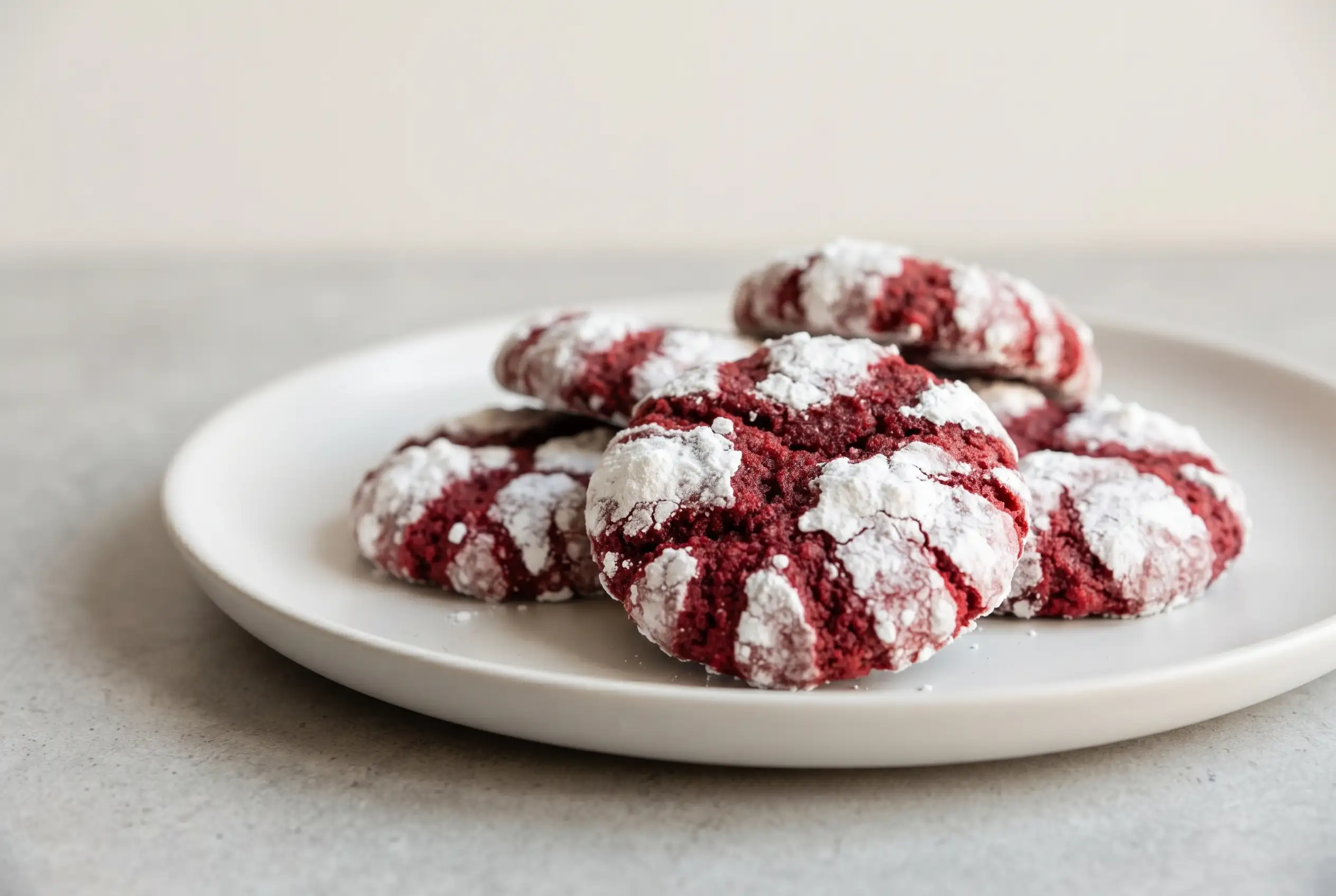Red velvet crinkle cookies with powdered sugar coating on a plate showing crackled red cookie surfaces