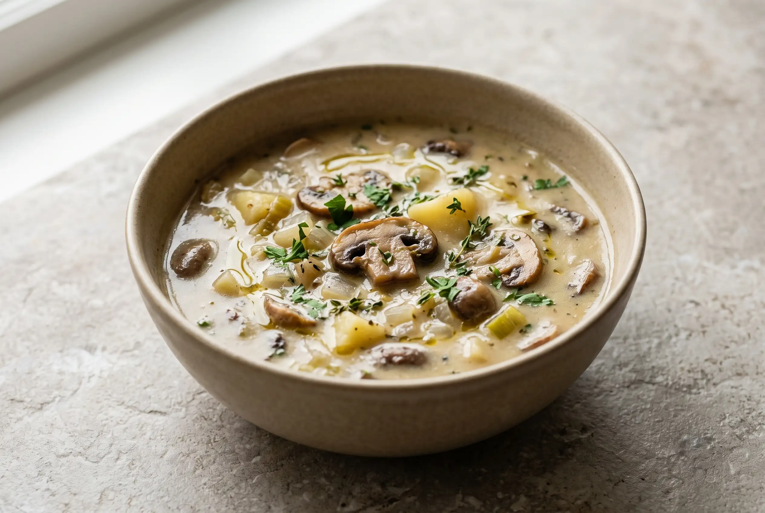 Remy’s Ratatouille Soup with mushrooms, potatoes, herbs, and creamy vegetable broth