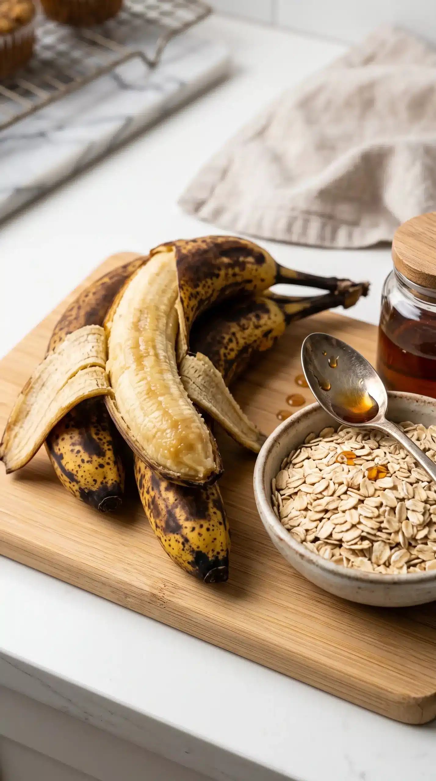 Ripe bananas, rolled oats, and maple syrup prepared for banana oatmeal muffins