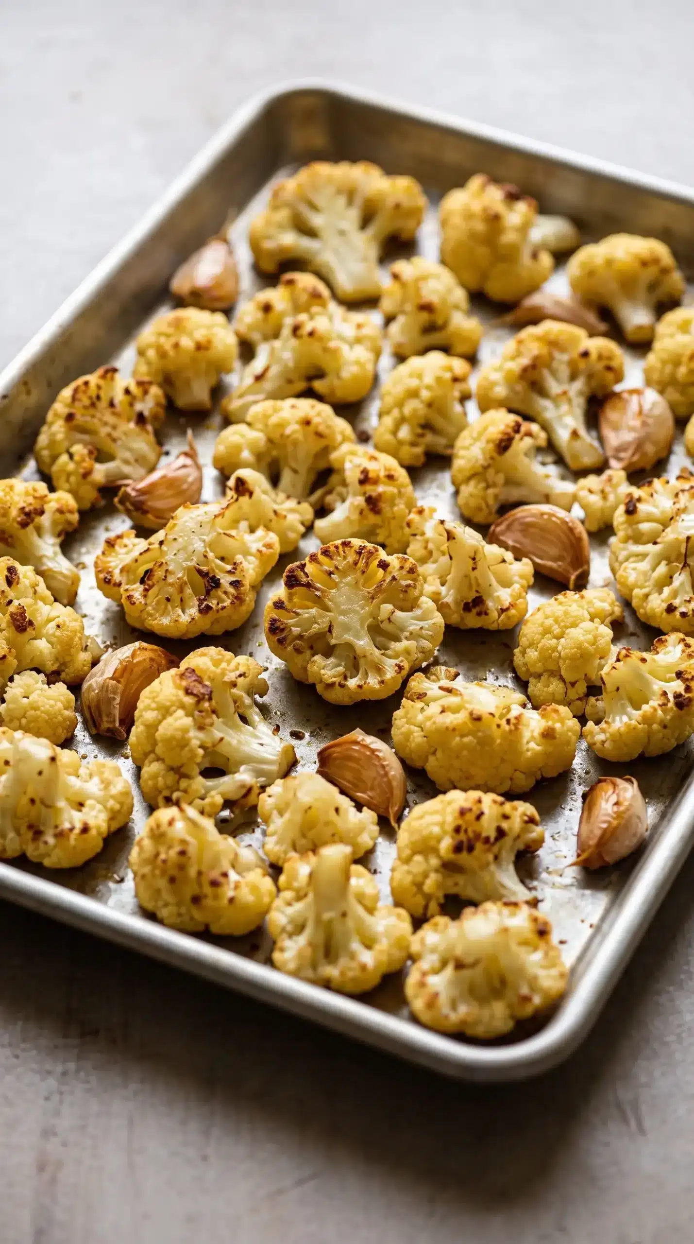 Roasted cauliflower florets with golden edges and garlic prepared for Mediterranean cauliflower soup