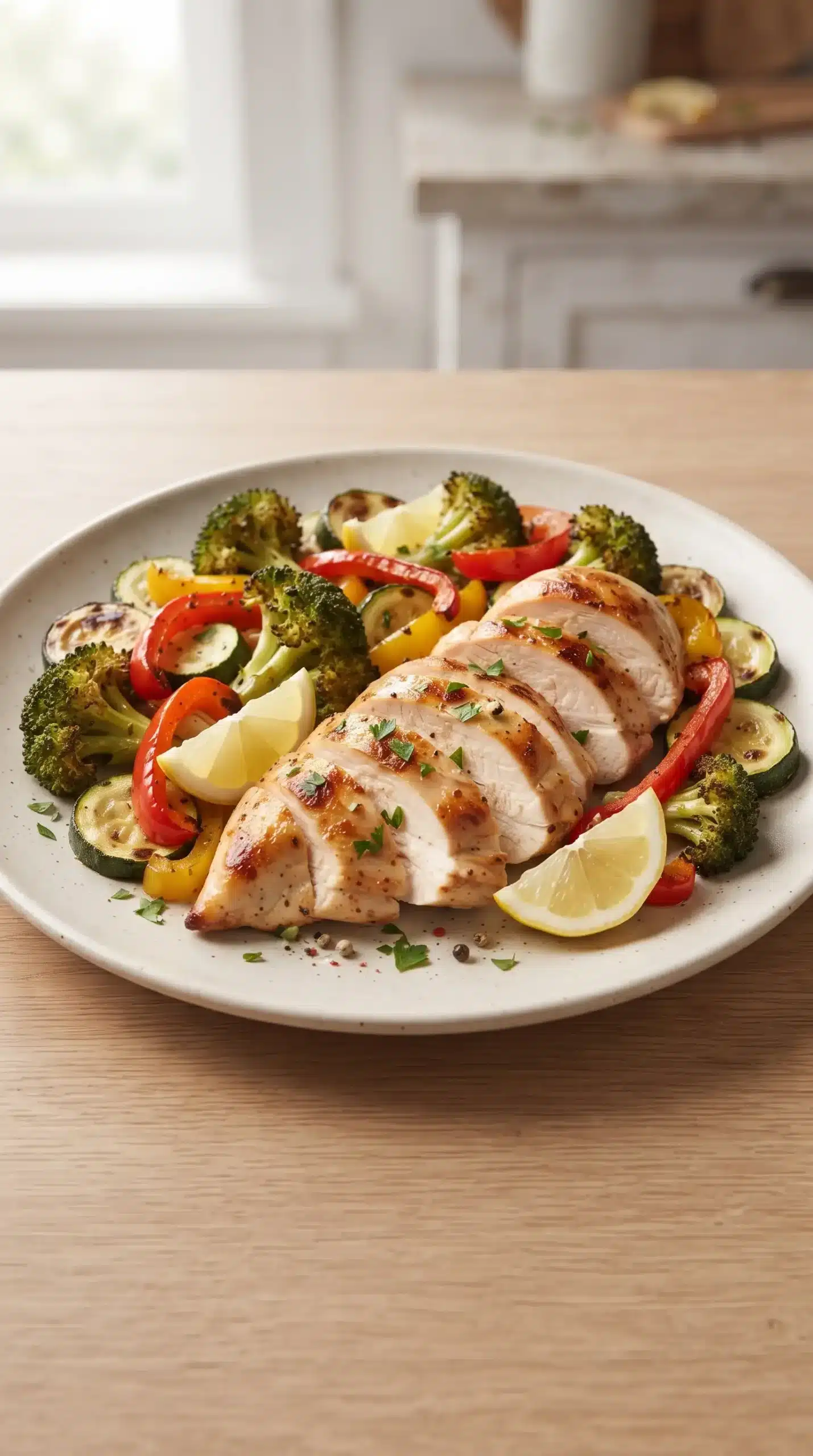 Roasted chicken breast with broccoli, peppers, zucchini, and lemon on a plate