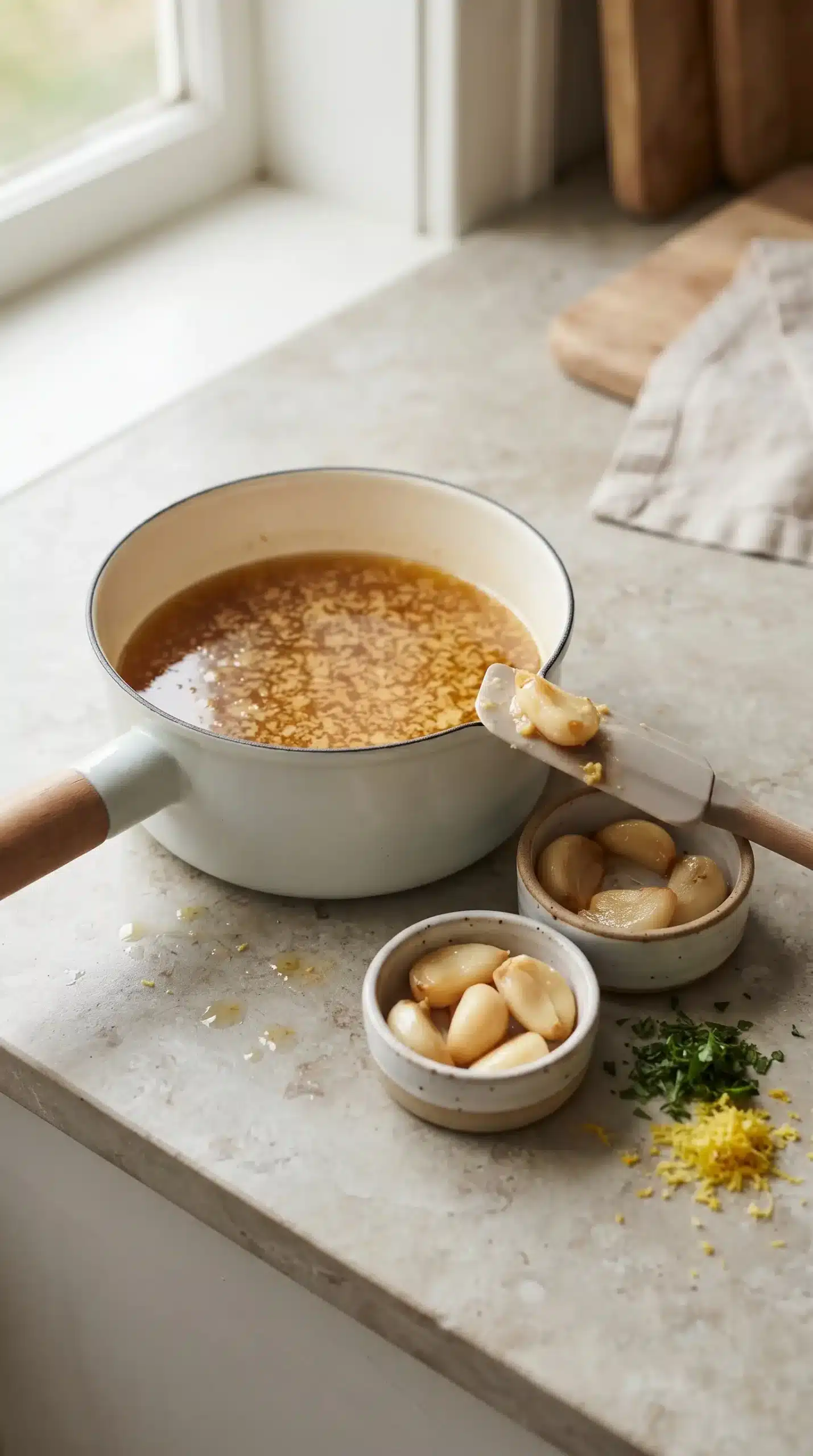 Roasted garlic cloves mixed with browned butter in a saucepan during sauce preparation