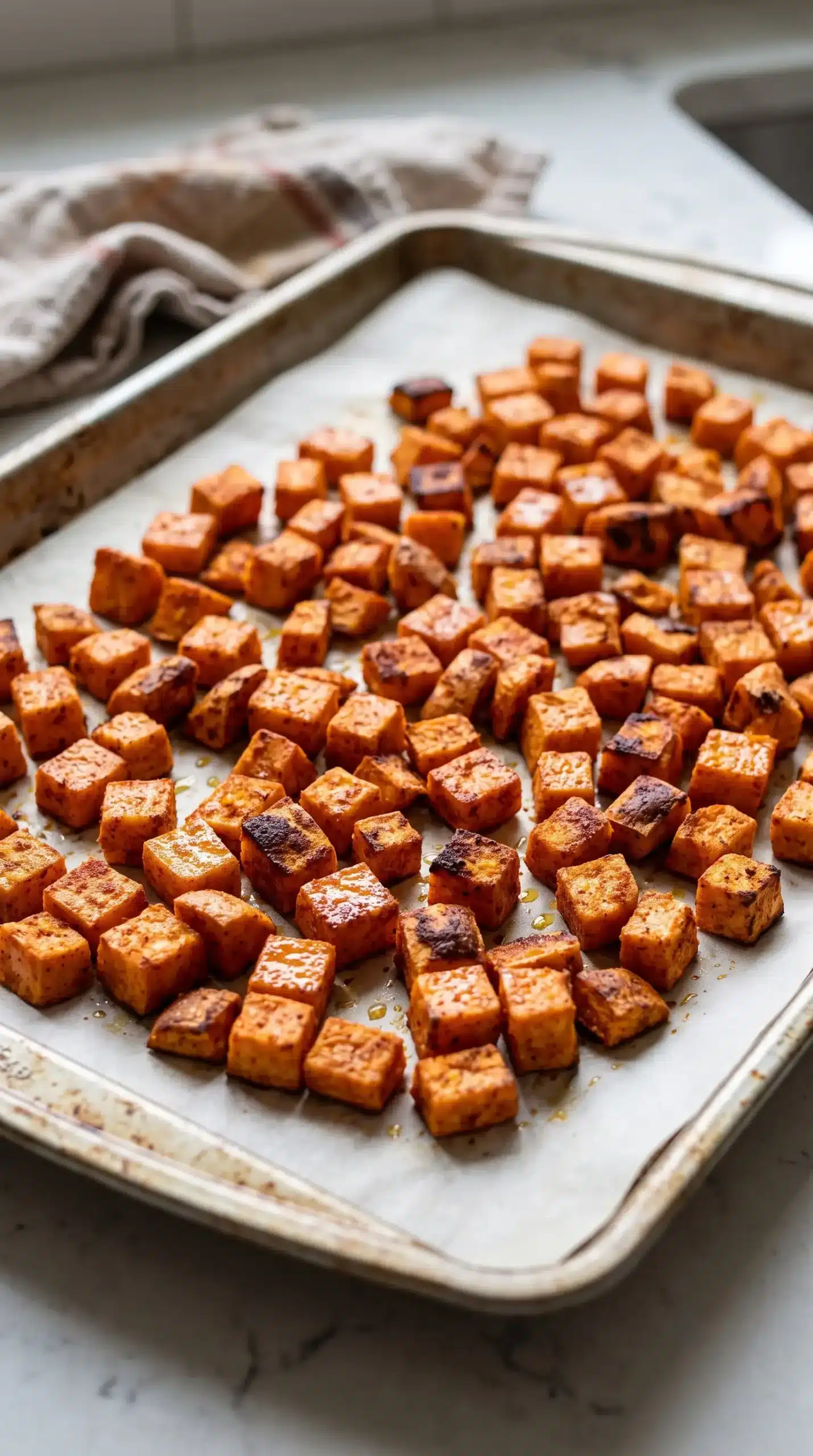 Cubed sweet potatoes roasting on a baking tray with smoked paprika and browned edges