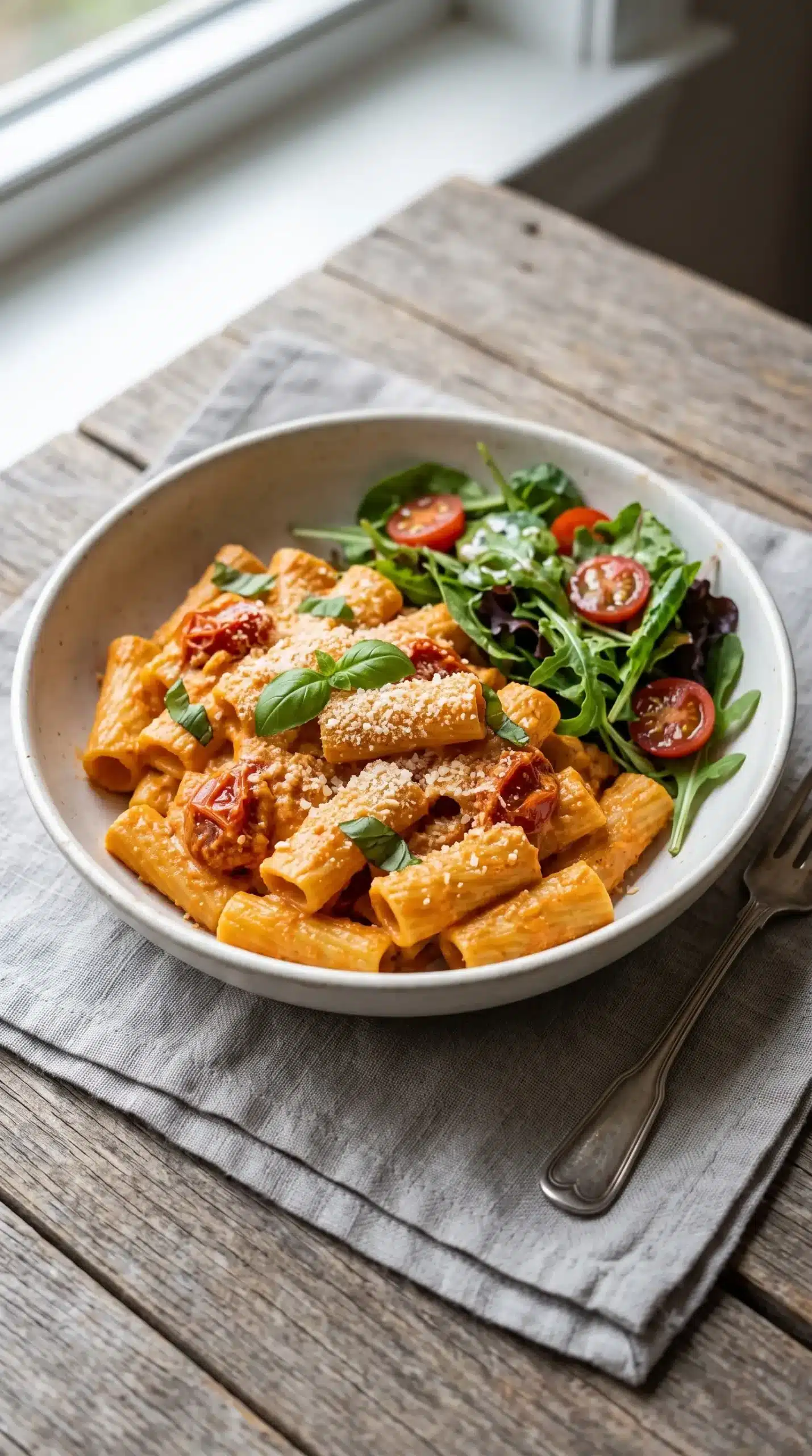 Roasted tomato ricotta pasta served with basil, parmesan, and a fresh green salad