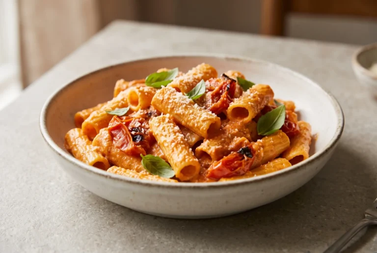 Roasted tomato ricotta pasta with creamy garlic sauce in a bowl with basil garnish