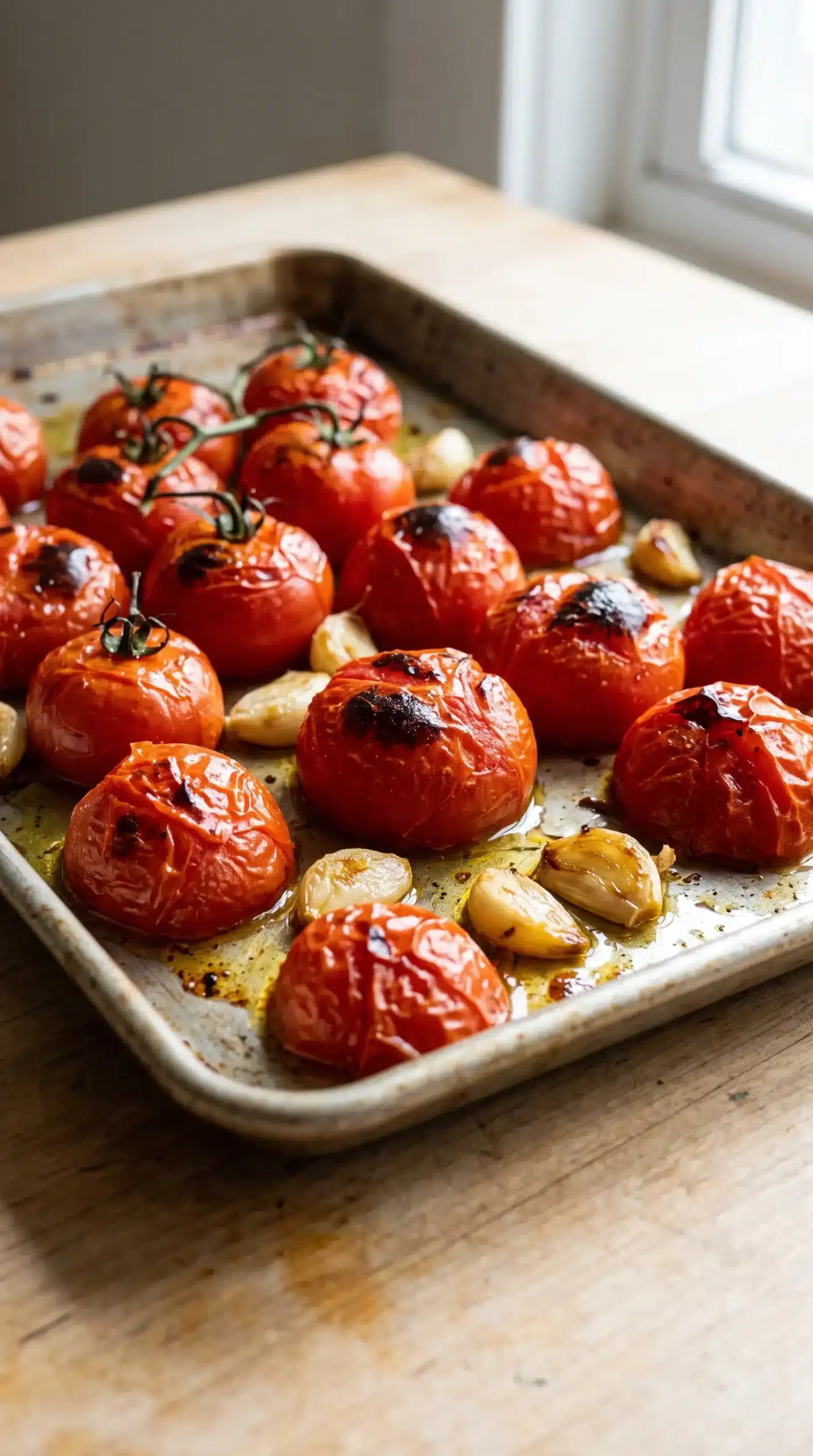 Roasted tomatoes and garlic cloves on a sheet pan before making pasta sauce