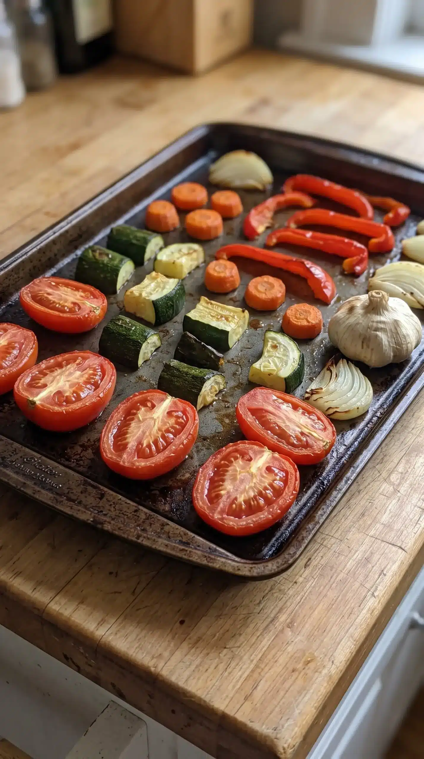 Roasted tomatoes, zucchini, carrots, peppers, onion, and garlic on a baking sheet