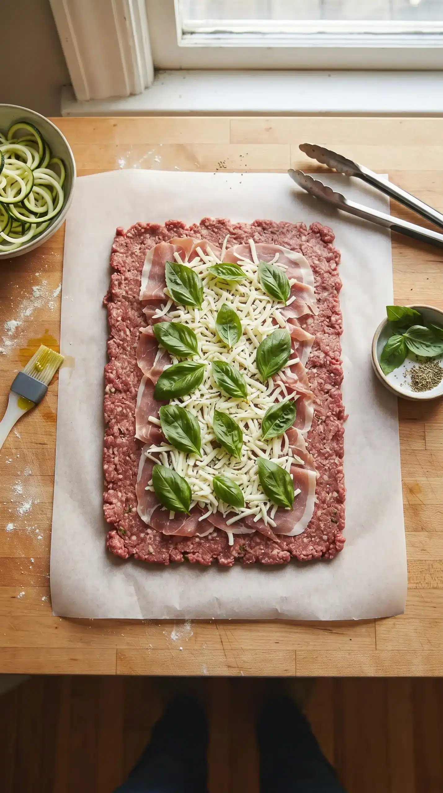 Ground beef mixture layered with ham, basil, and mozzarella before rolling