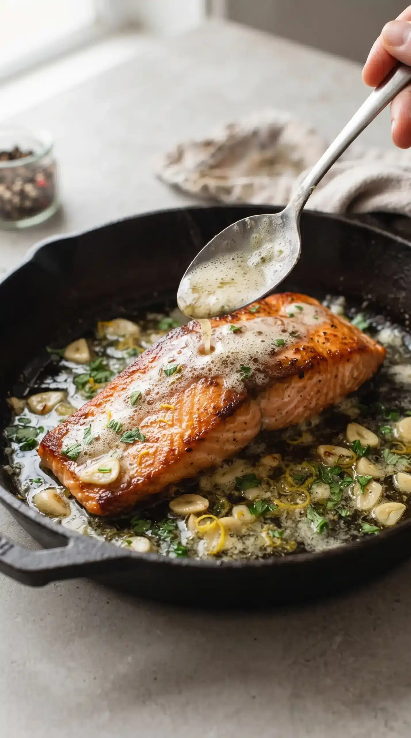 Salmon fillet in skillet being basted with lemon garlic butter sauce