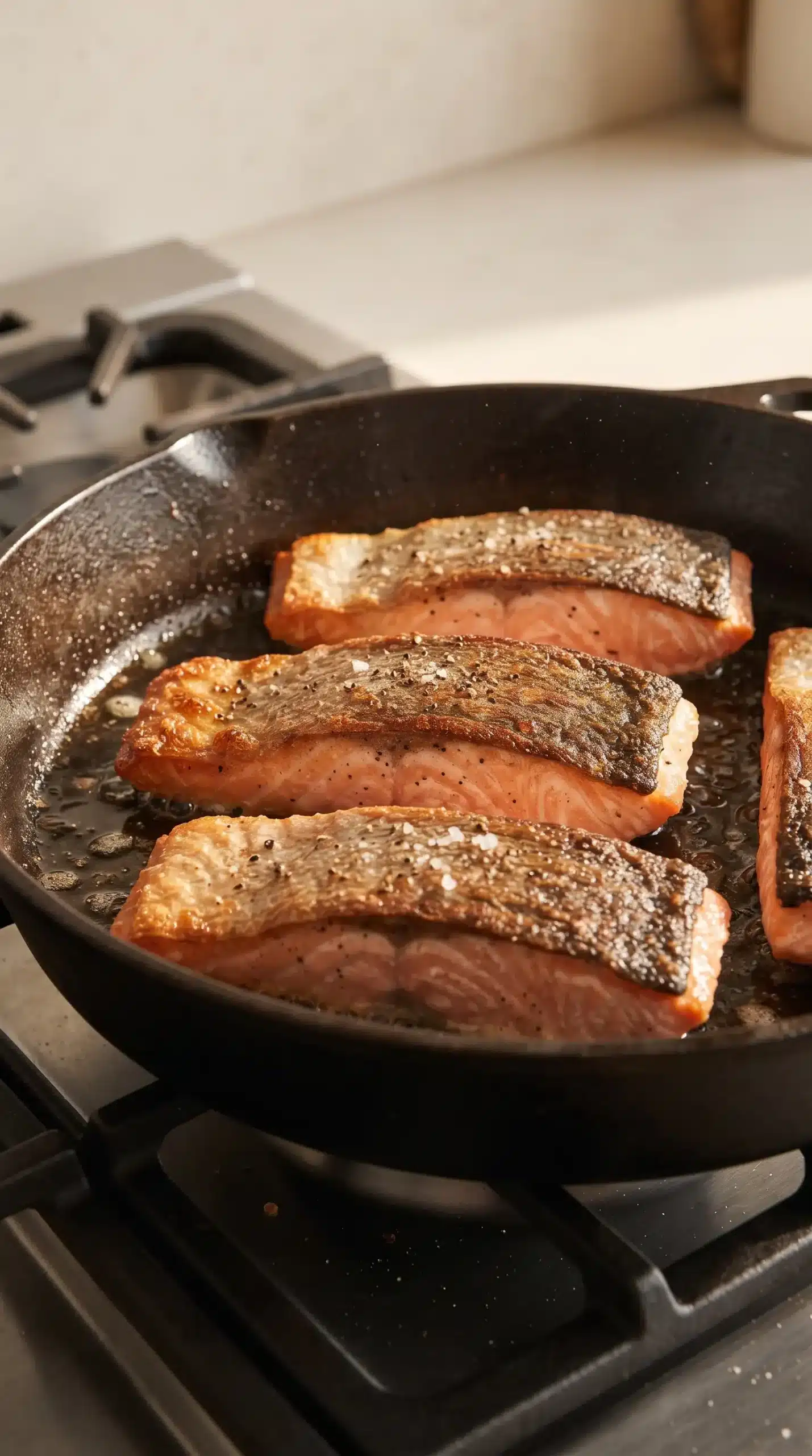 Salmon fillets searing skin-side down in a skillet for a crisp crust