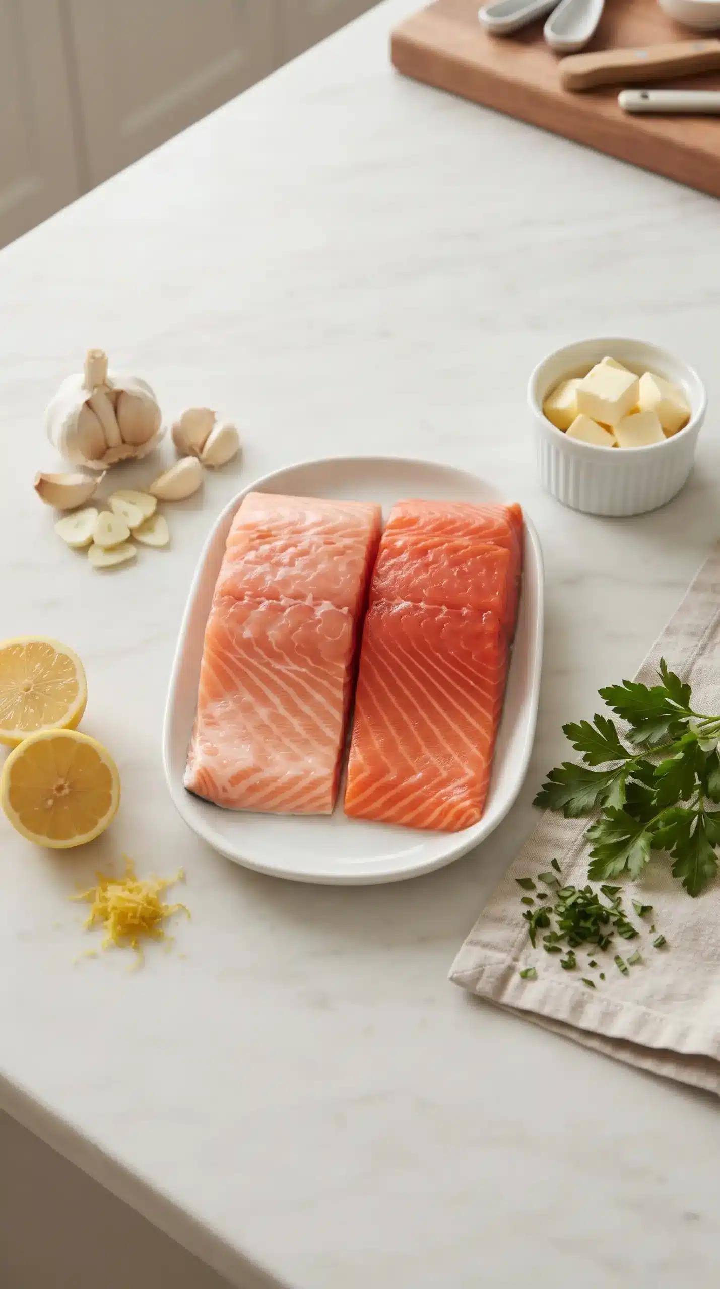 Salmon fillets with garlic, lemons, butter, and parsley prepared for cooking
