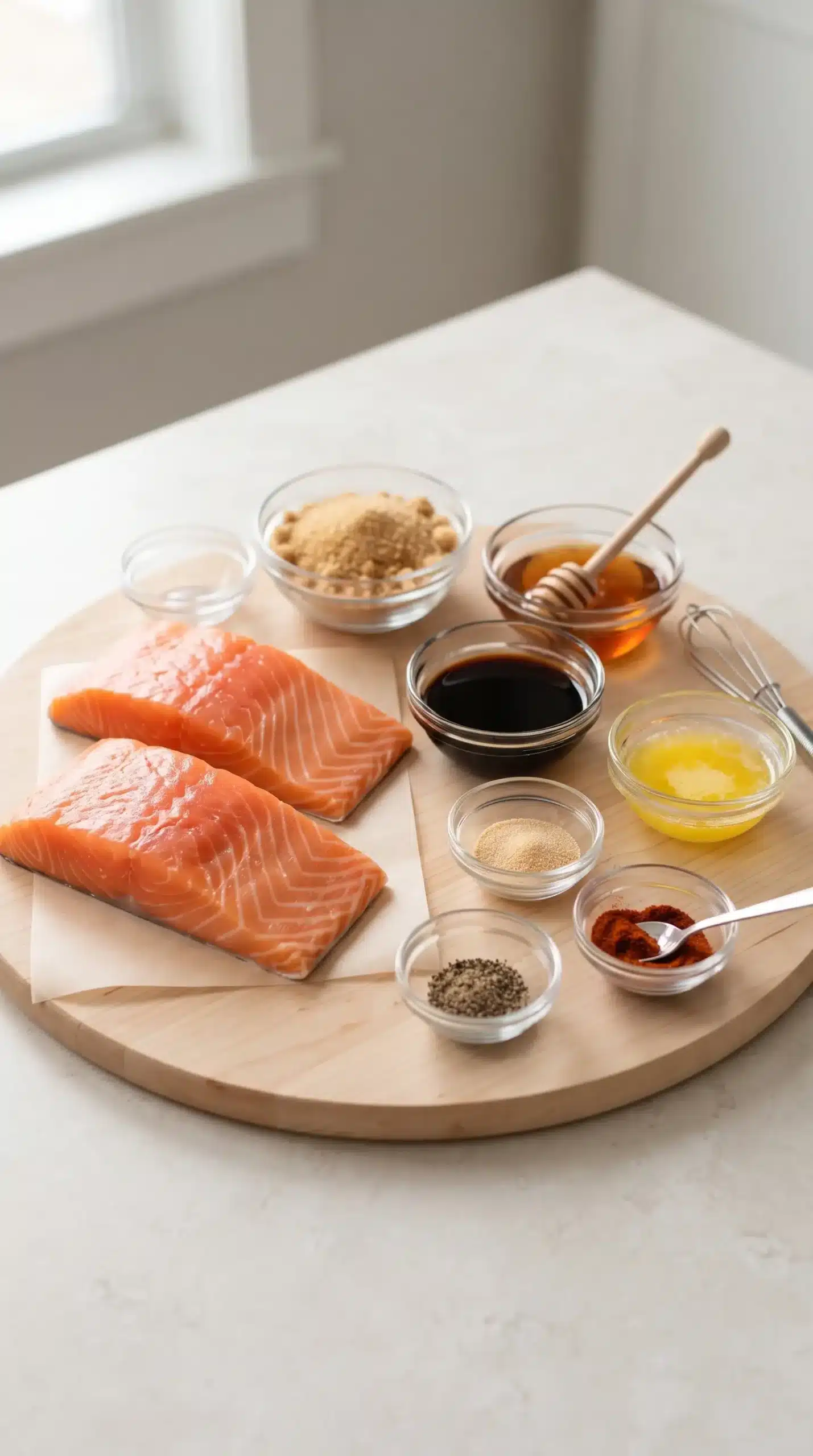 Salmon fillets and brown sugar honey glaze ingredients arranged for preparation