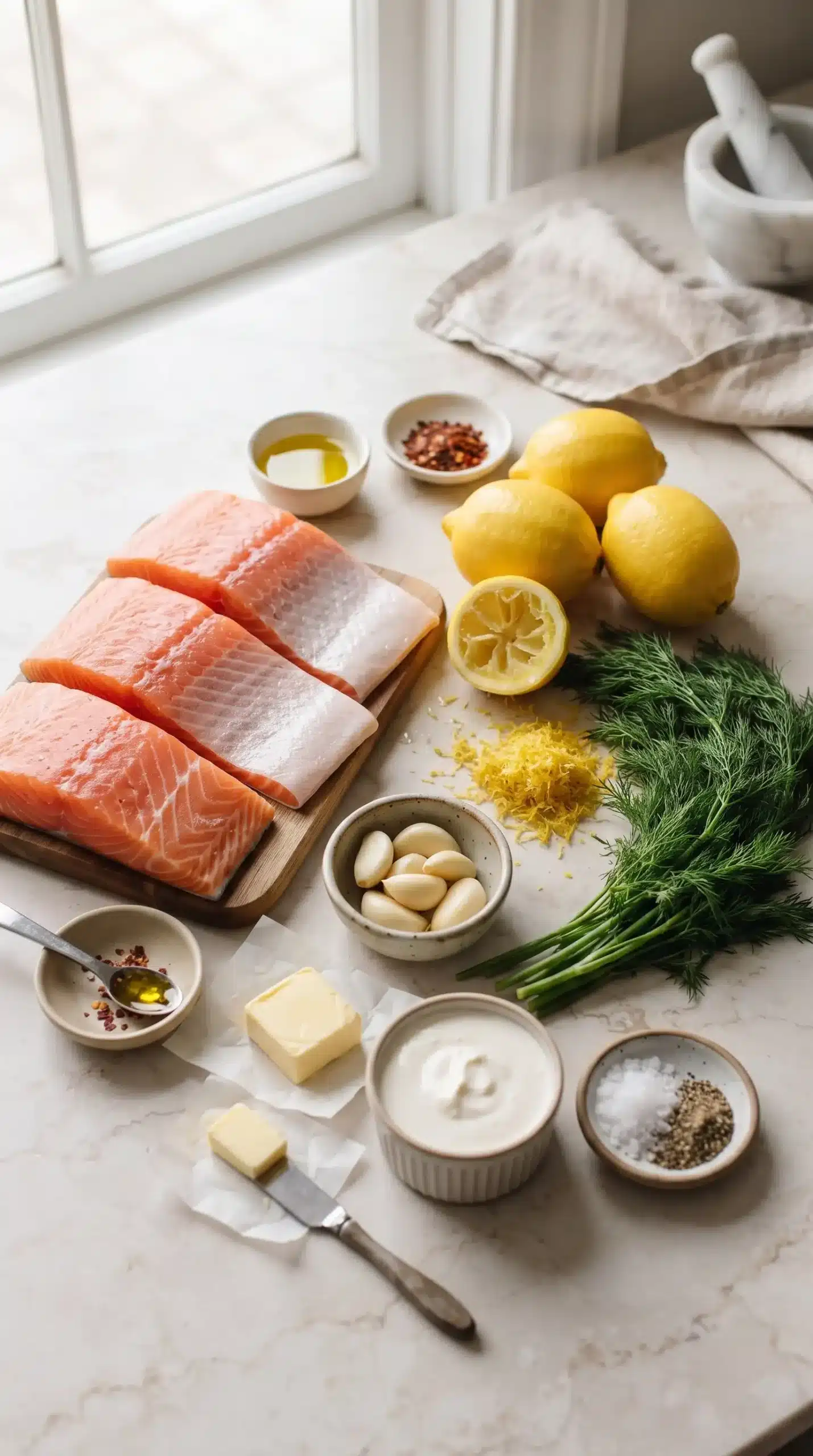 Fresh salmon fillets, lemon, dill, garlic, butter, and cream ingredients