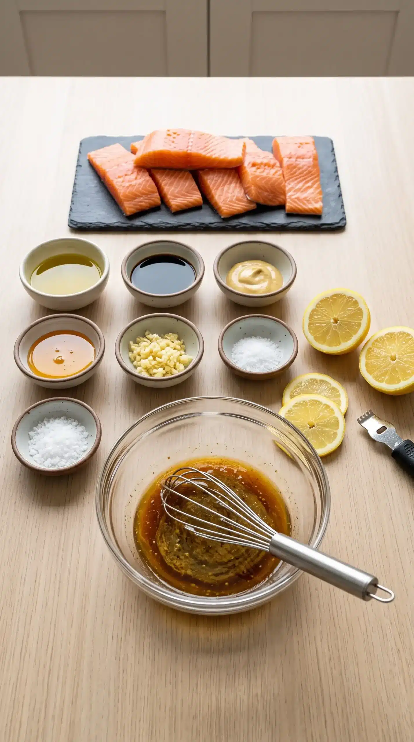 Salmon marinade ingredients with salmon, soy sauce, garlic, lemon, and mustard