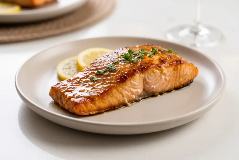 Salmon fillet coated with garlic soy marinade and lemon glaze on a plate