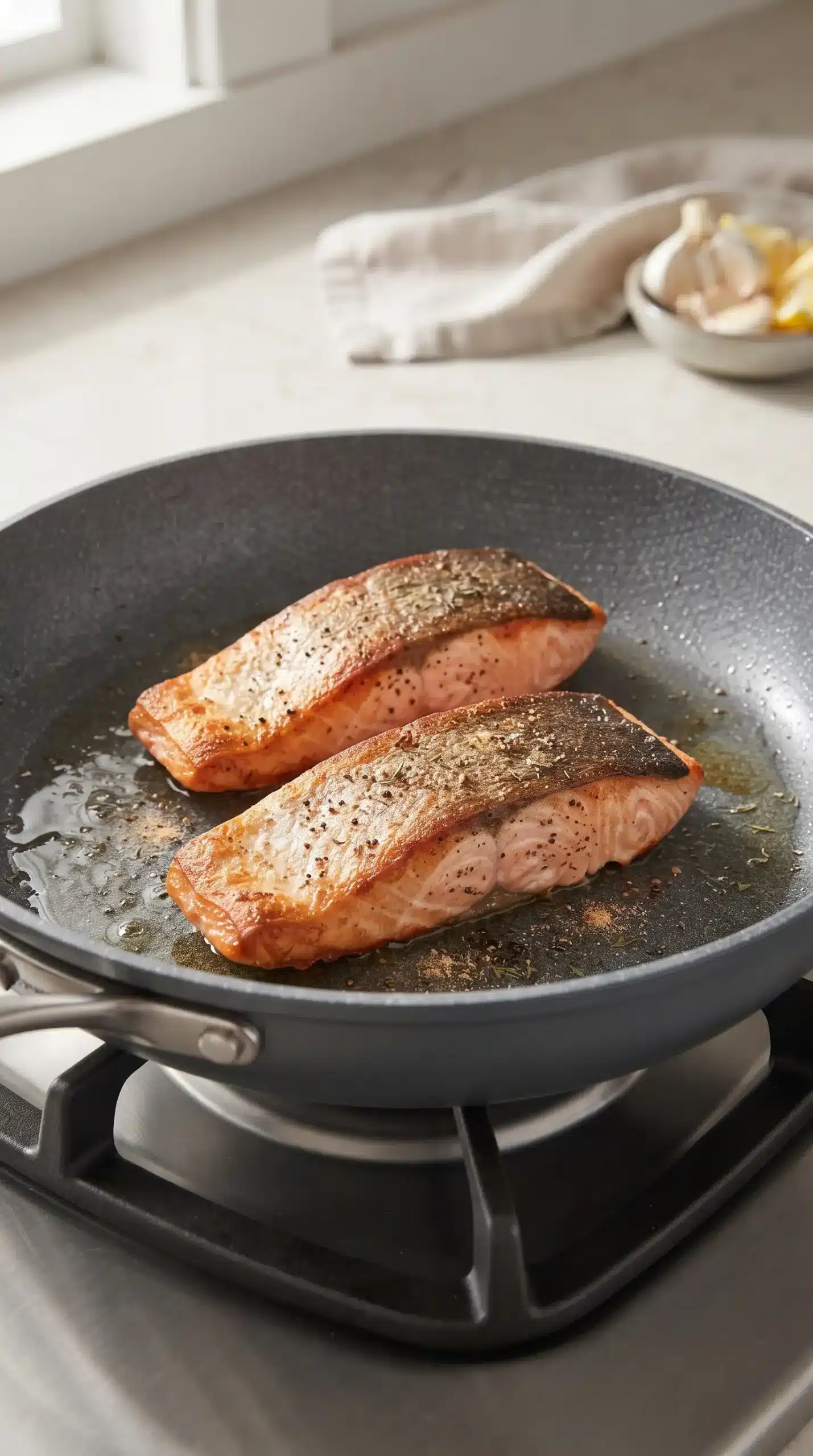 Salmon fillets searing in a skillet with a golden browned surface