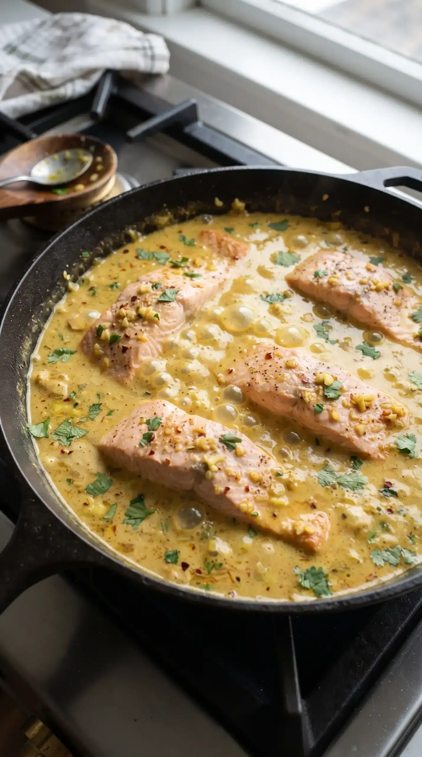 Salmon fillets simmering in a creamy coconut curry sauce in a skillet
